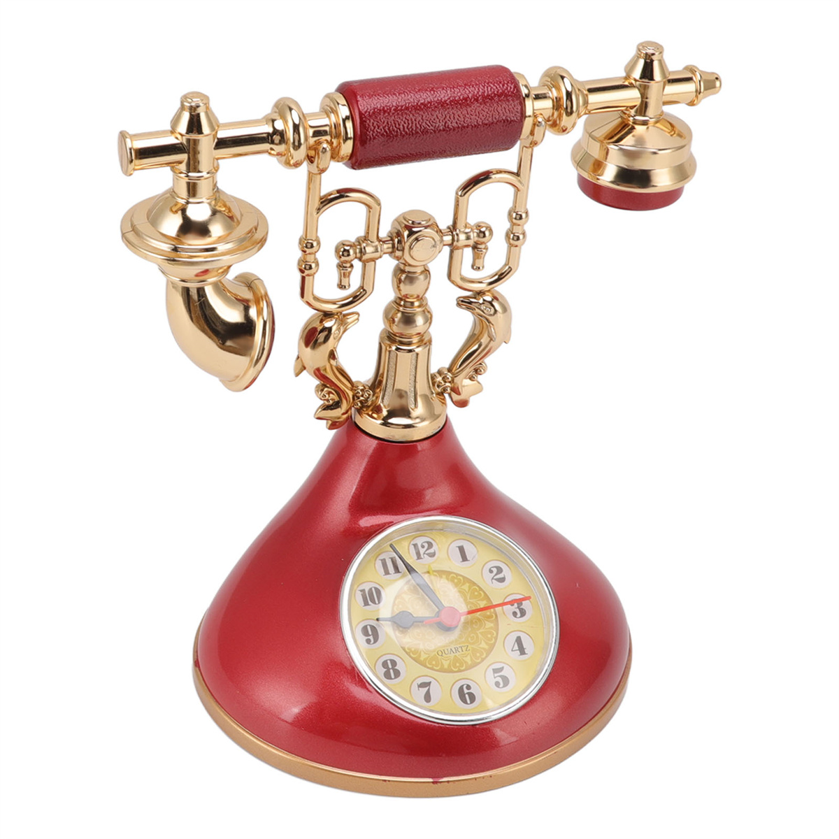 Rotes und goldenes antikes Telefon mit Uhr. Goldene Details und roter Sockel.