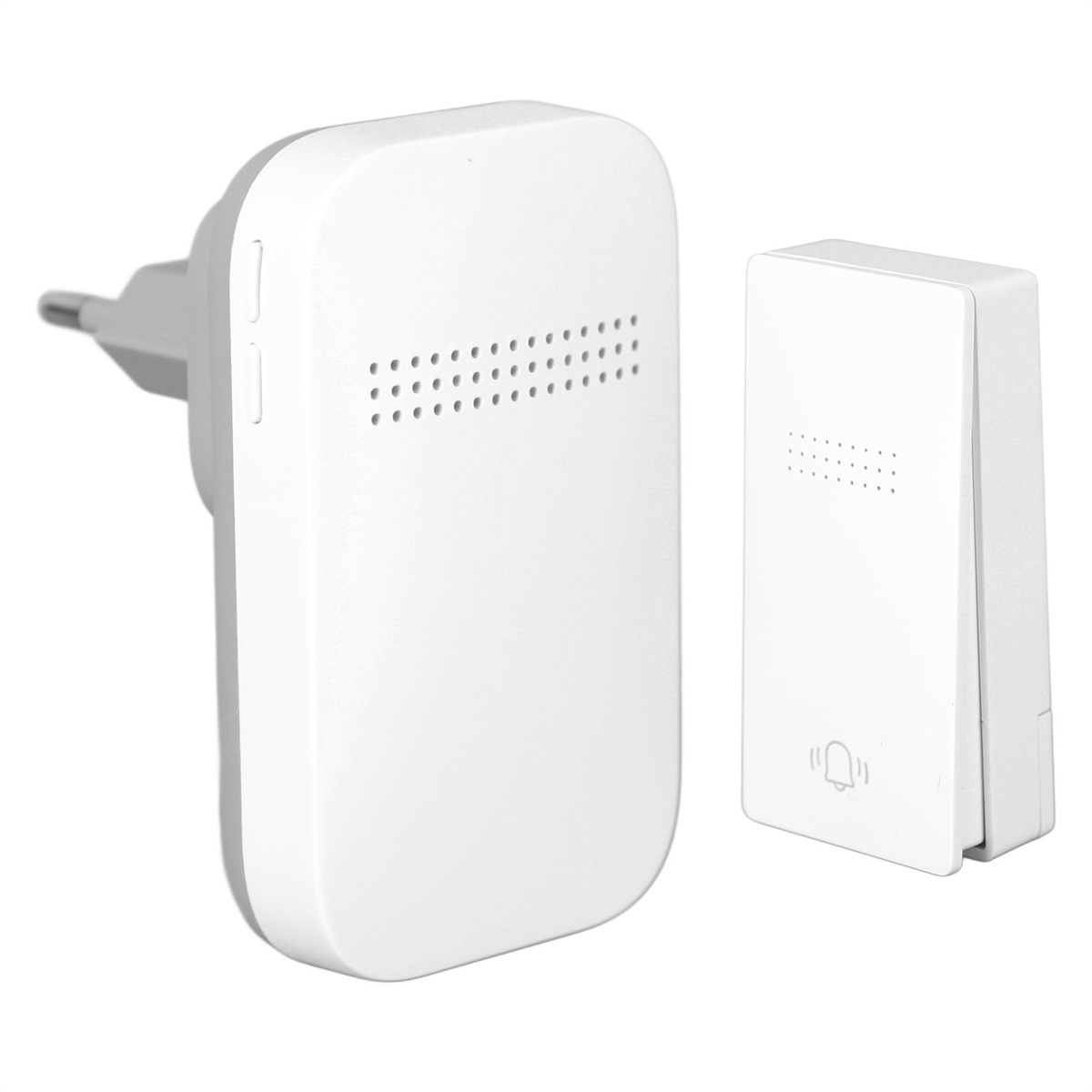 Weißes Türklingel-Set mit einem Plug-in-Empfänger und einem Druckknopf-Sender. Beide sind weiß.