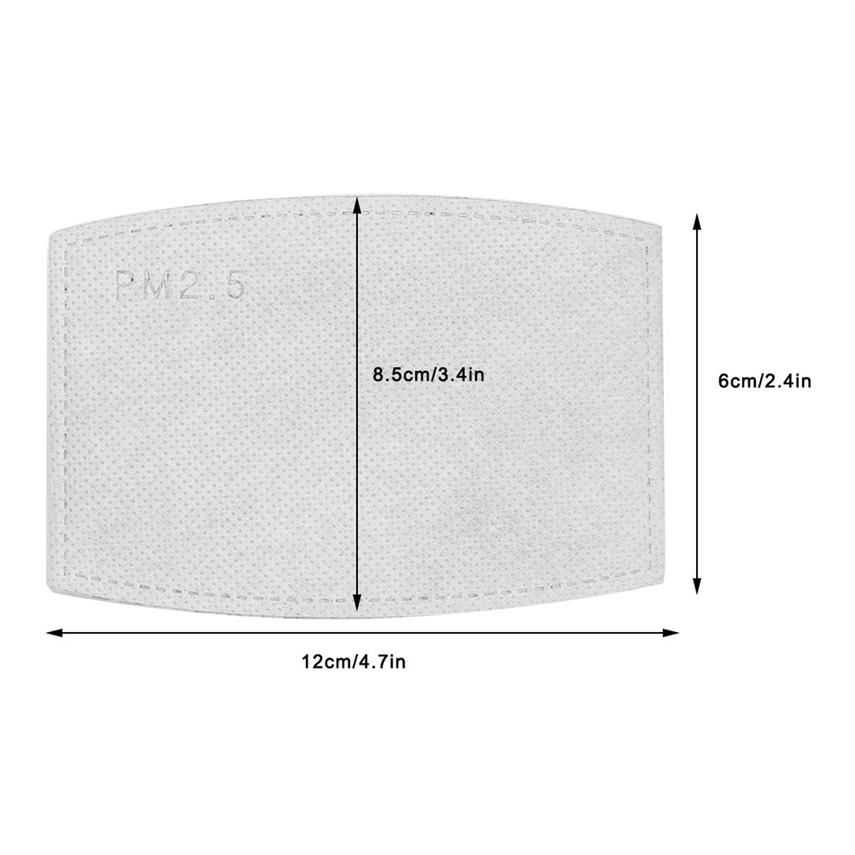 PM2.5-Filter mit Größenangaben. Der Filter ist rechteckig mit abgerundeten Ecken.