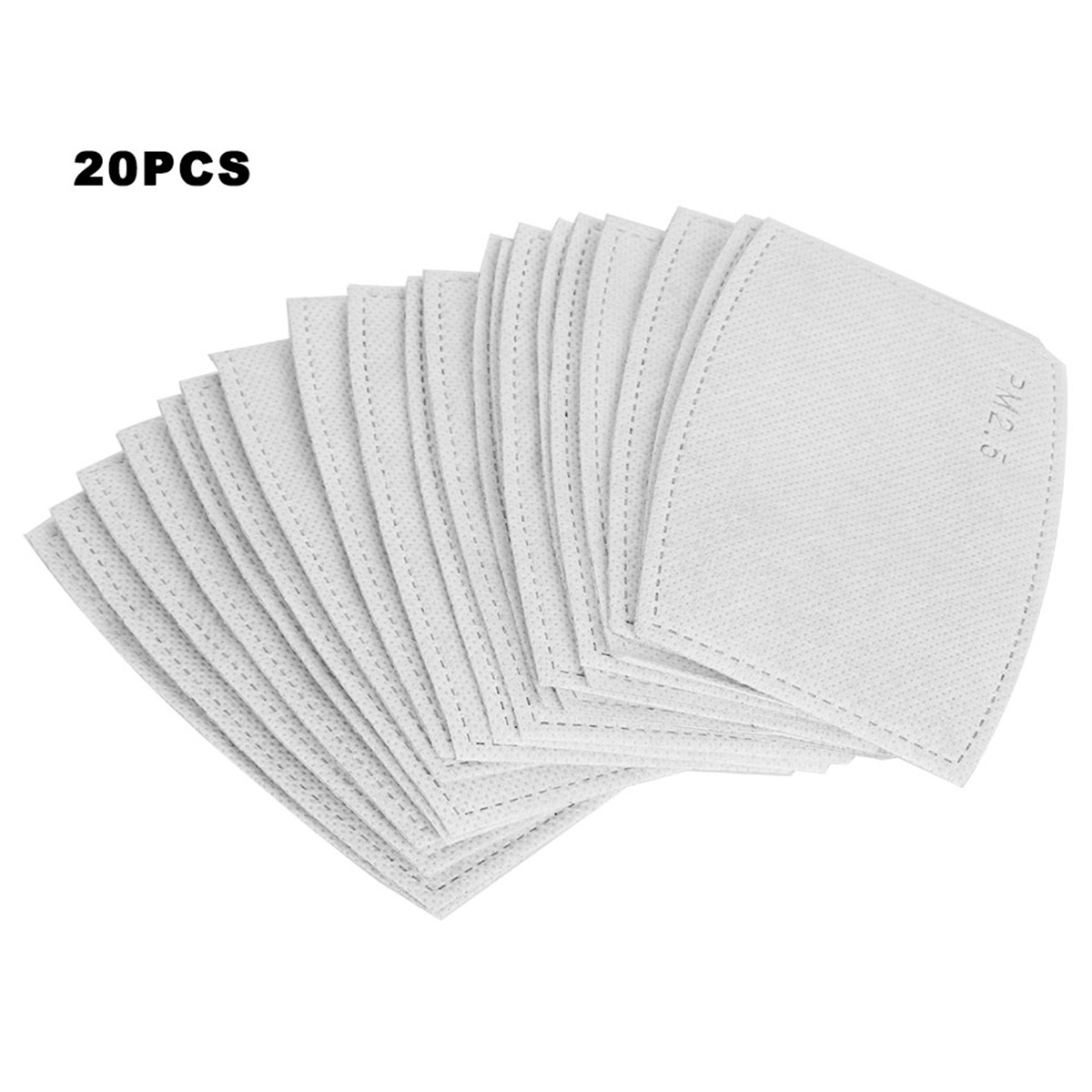 Ein Stapel weißer, gefalteter Gesichtsmaskenfilter. Der Text "20PCS" steht oben.