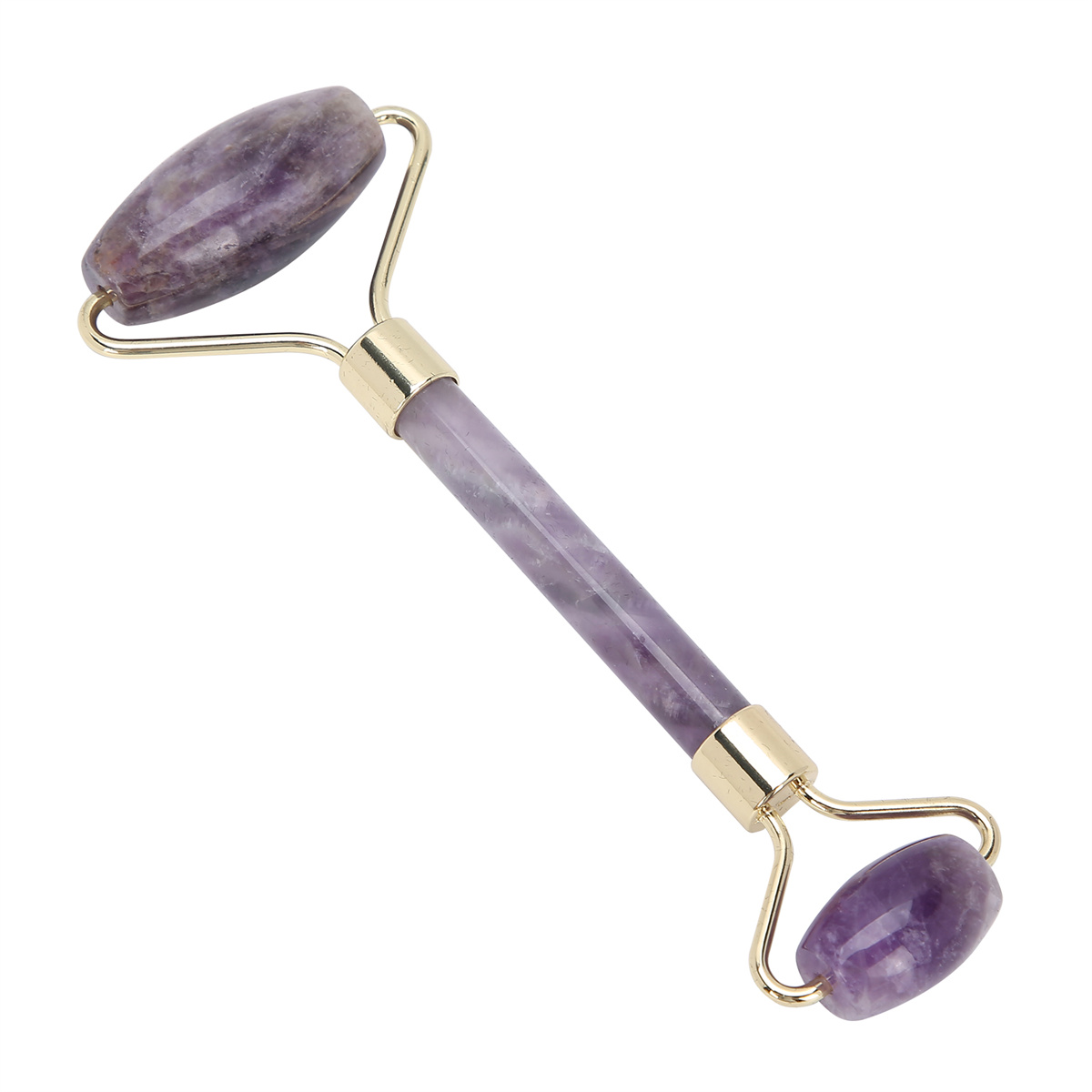 Ein lila Jade-Roller. Er hat zwei abgerundete Enden und einen goldfarbenen Griff.