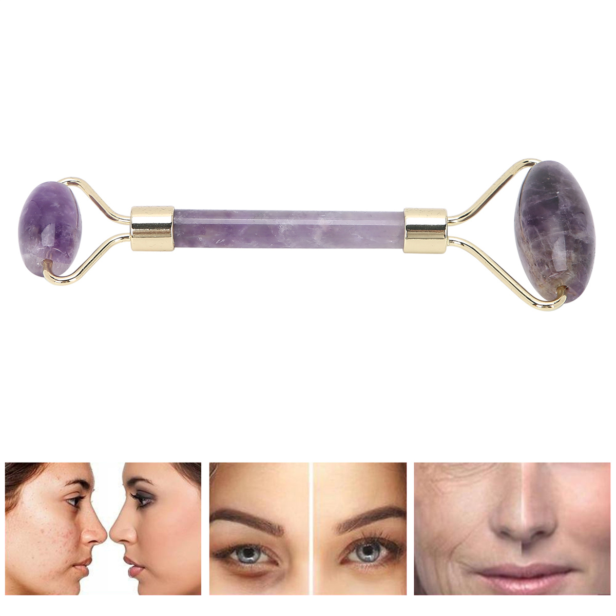 Eine Amethyst-Gesichtsrolle mit Bildern von Haut vor und nach der Anwendung.