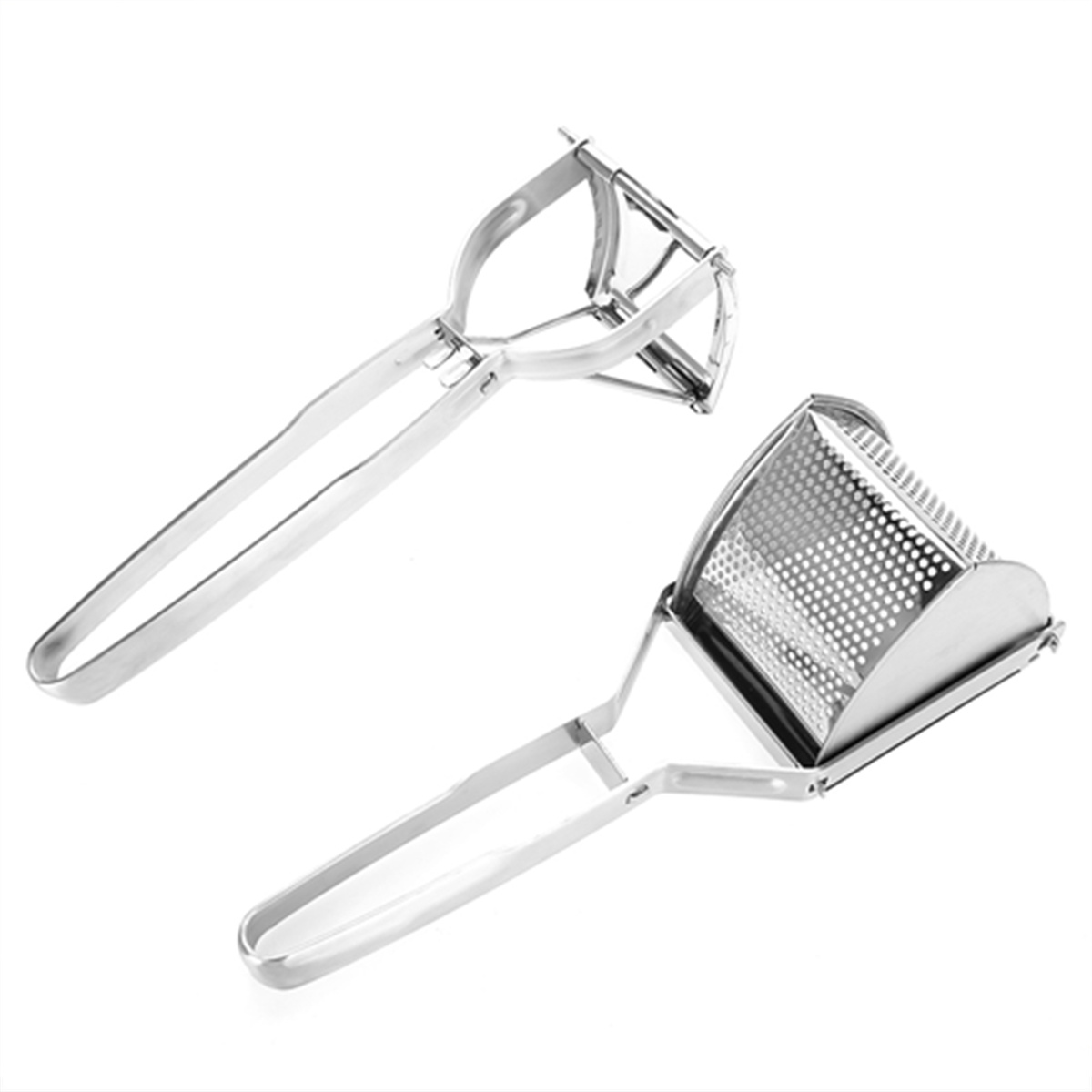 Zwei Kartoffelstampfer aus Edelstahl, einer mit perforierter Oberfläche und der andere mit flacher Oberfläche.