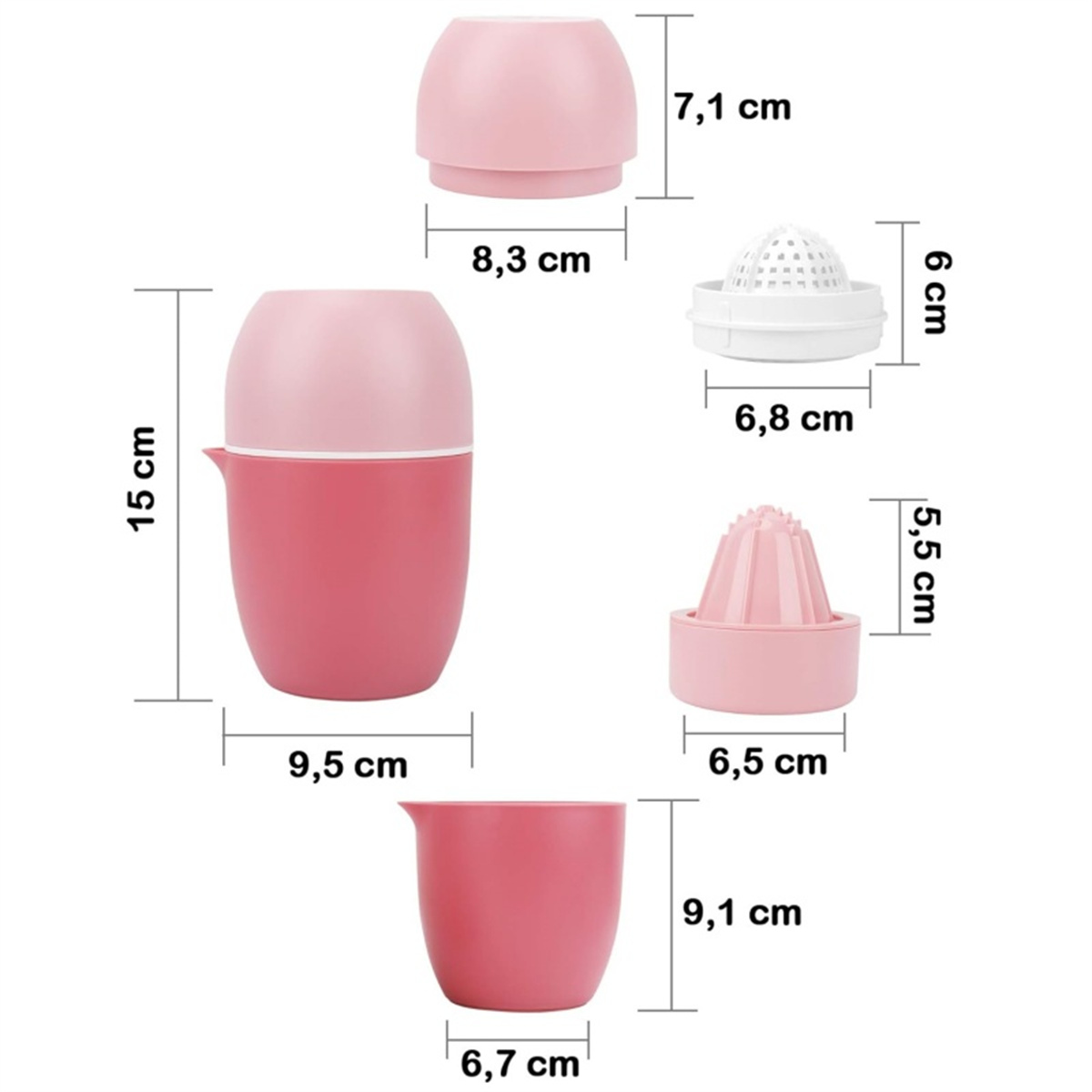 Rosa Zitruspresse, zerlegt, mit Abmessungen in Zentimetern.