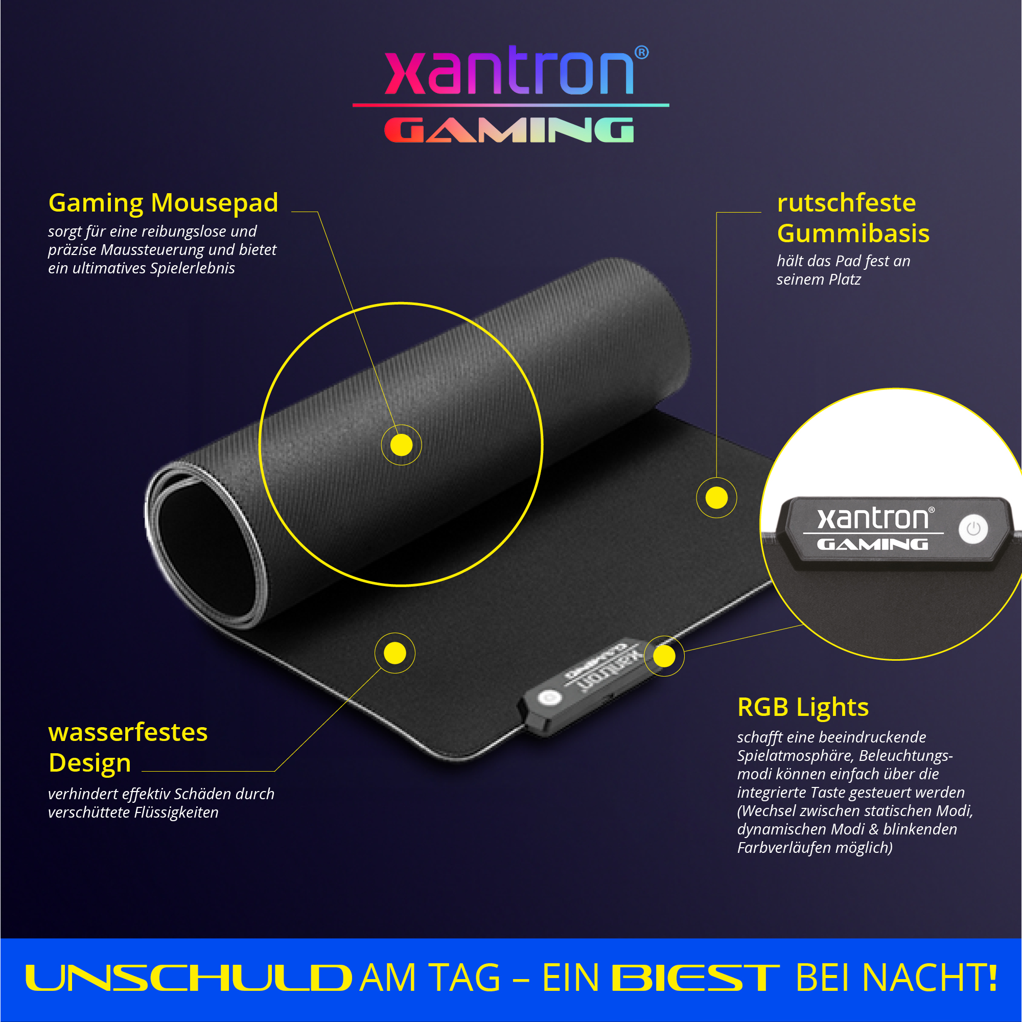 Gaming-Mauspad mit Funktionen. Text hebt wasserdichtes Design, RGB-Lichter und Gummibasis hervor.