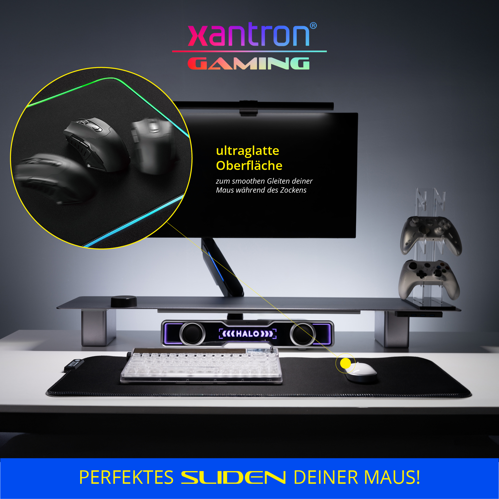 Gaming-Setup mit Monitor, Maus, Mauspad, Tastatur und Controllern. Text: 'Xantron Gaming'.