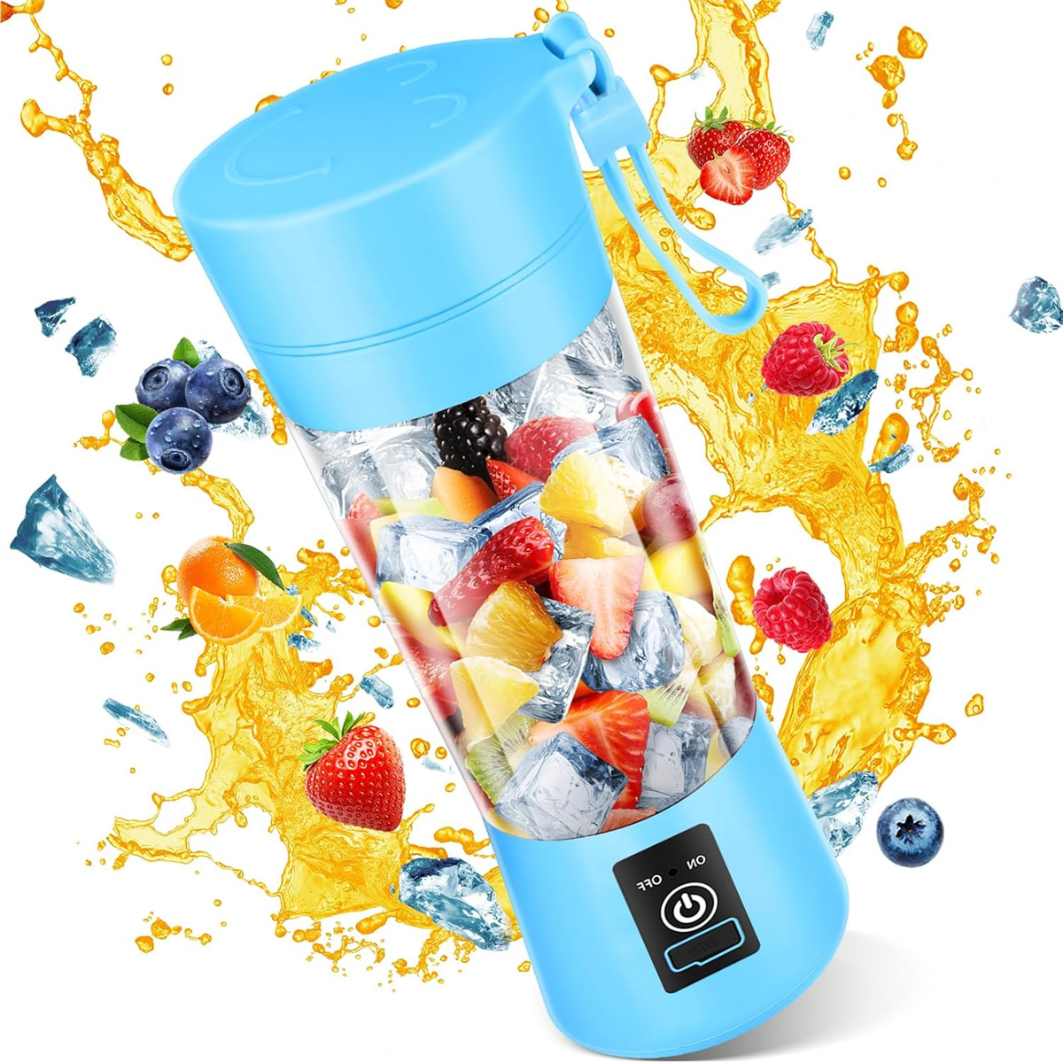 Ein blauer und klarer Mixer gefüllt mit Eis und Früchten, mit Flüssigkeitsspritzern und verstreuten Früchten.