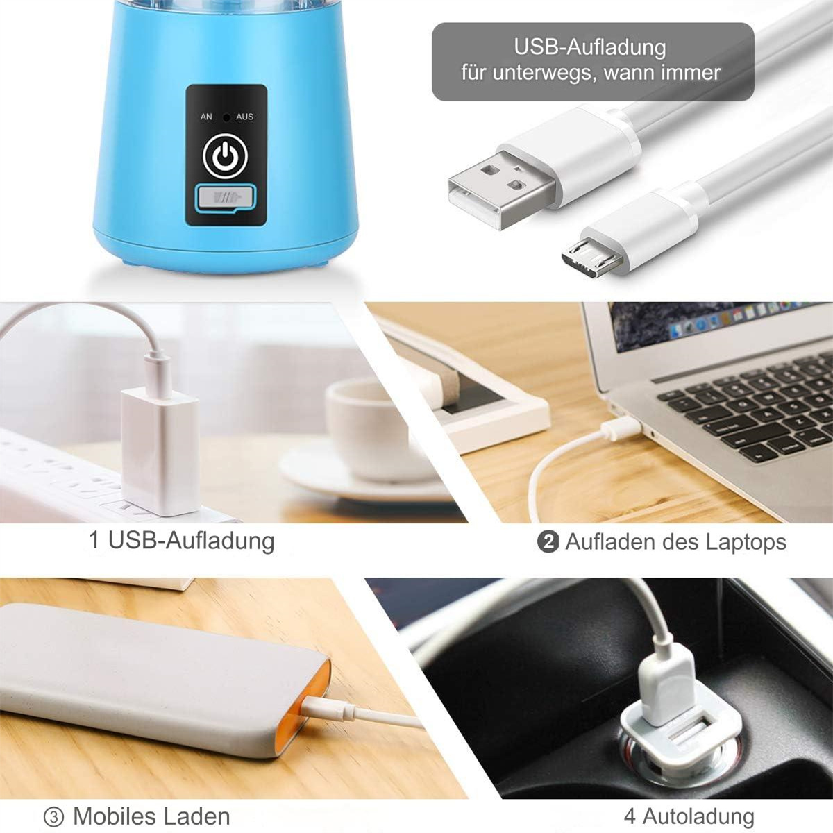 Blauer Mixer und mehrere Bilder, die das USB-Aufladen zeigen: Wand, Laptop, Auto und tragbar.
