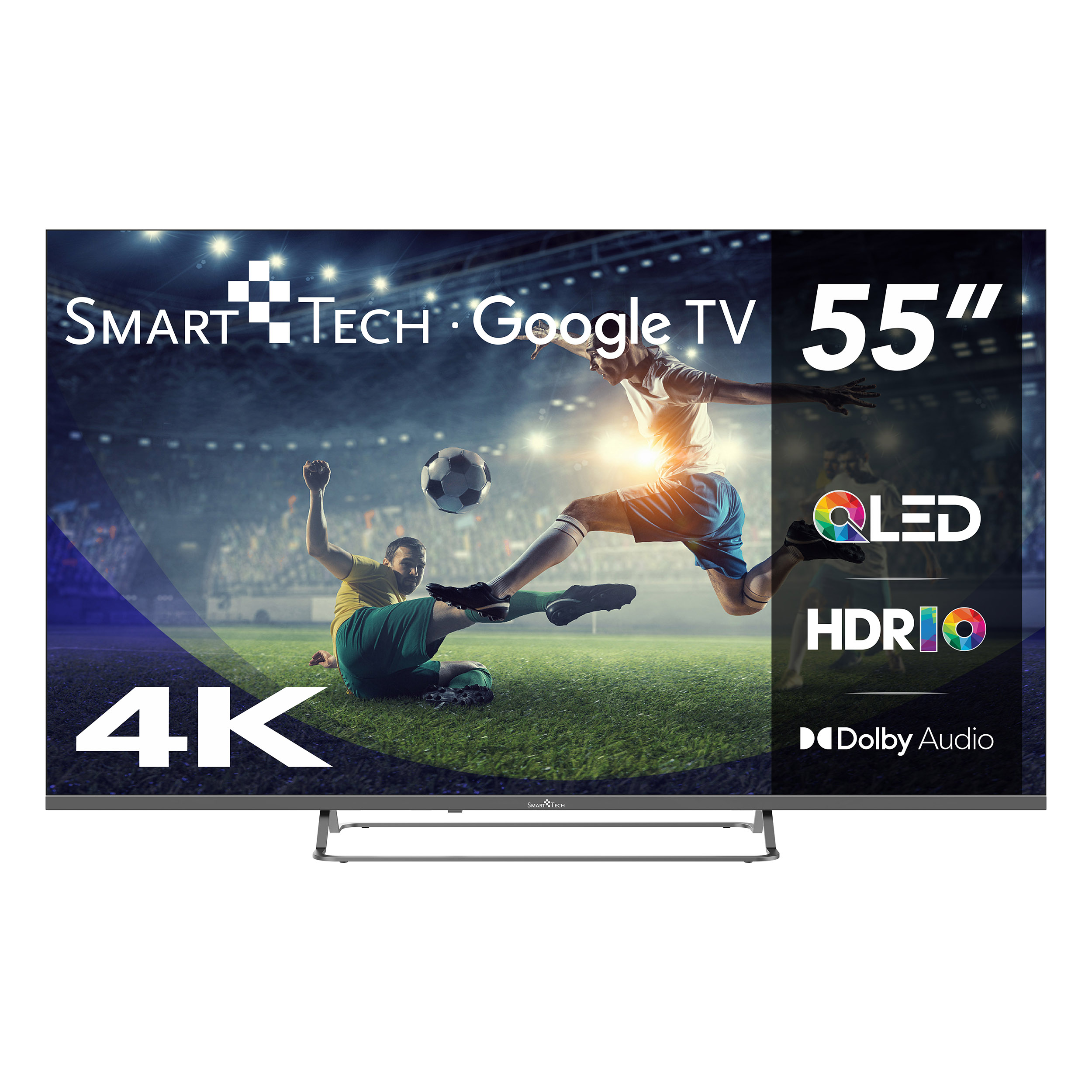 55-calowy telewizor Smart Tech Google TV. Ekran pokazuje mecz piłki nożnej. Jest etykieta 4K.