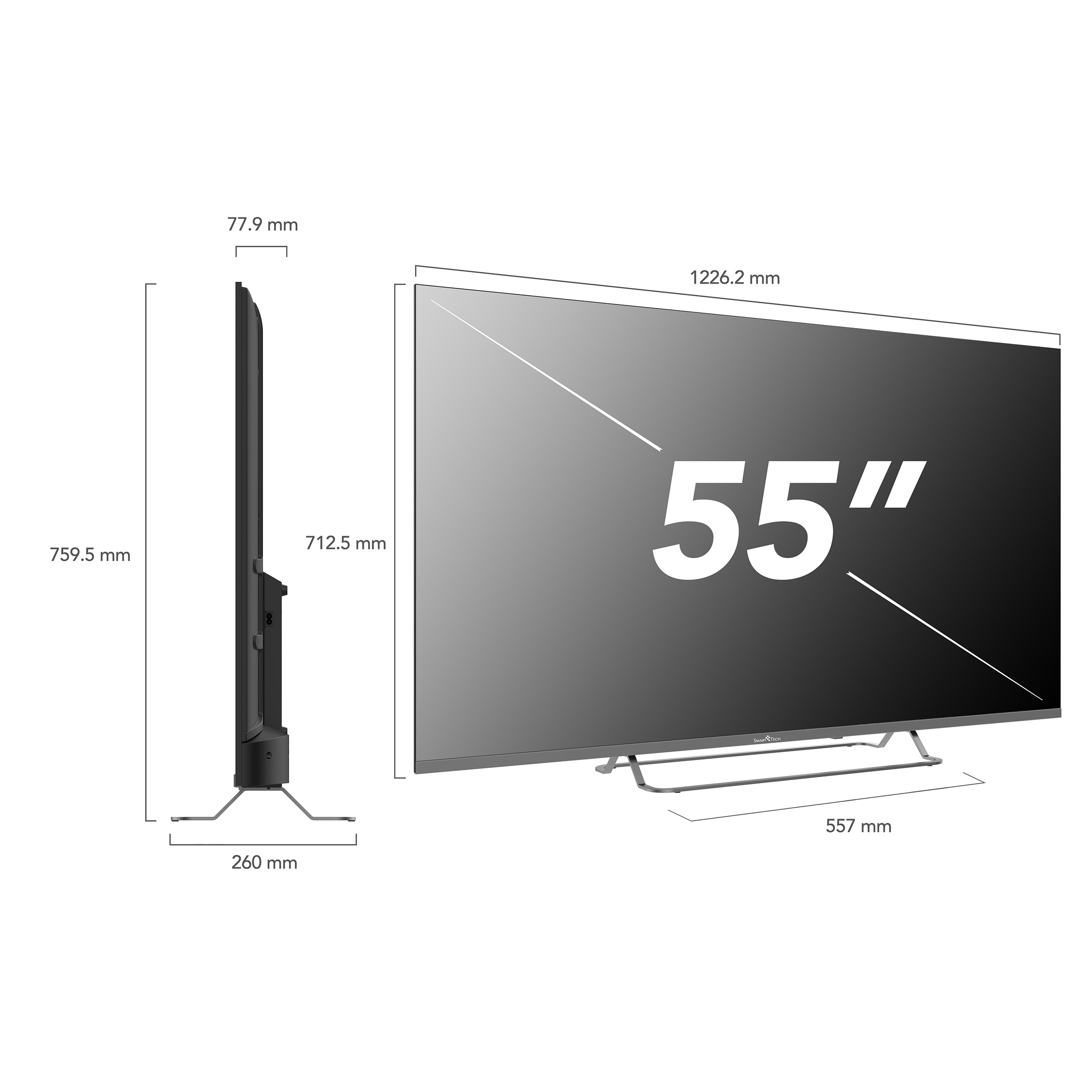 Duży 55-calowy telewizor z oznaczonymi wymiarami. Jest czarny ze srebrną podstawą.