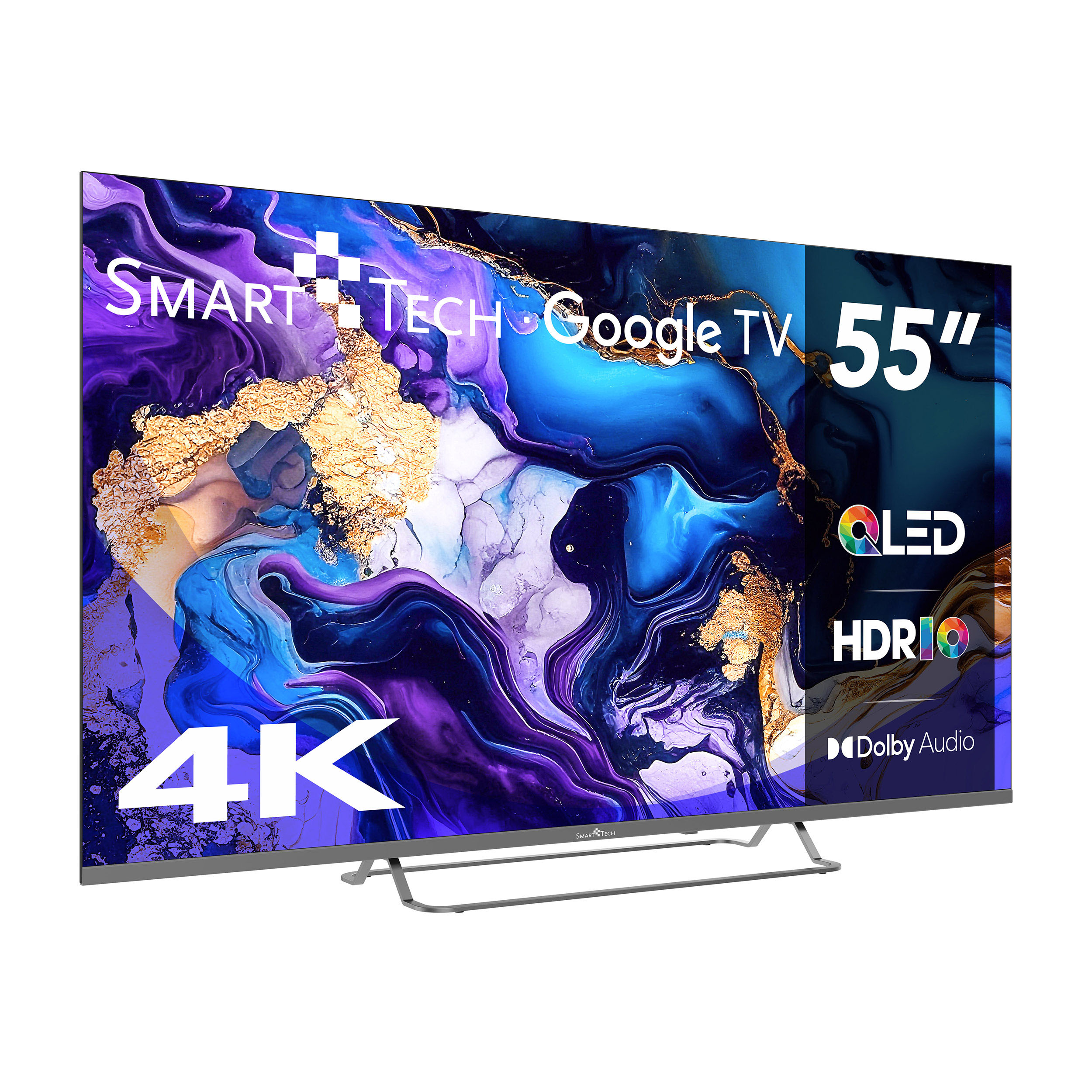 55-calowy telewizor Smart TV z kolorowym, abstrakcyjnym tłem i słowami "4K" i "Google TV".