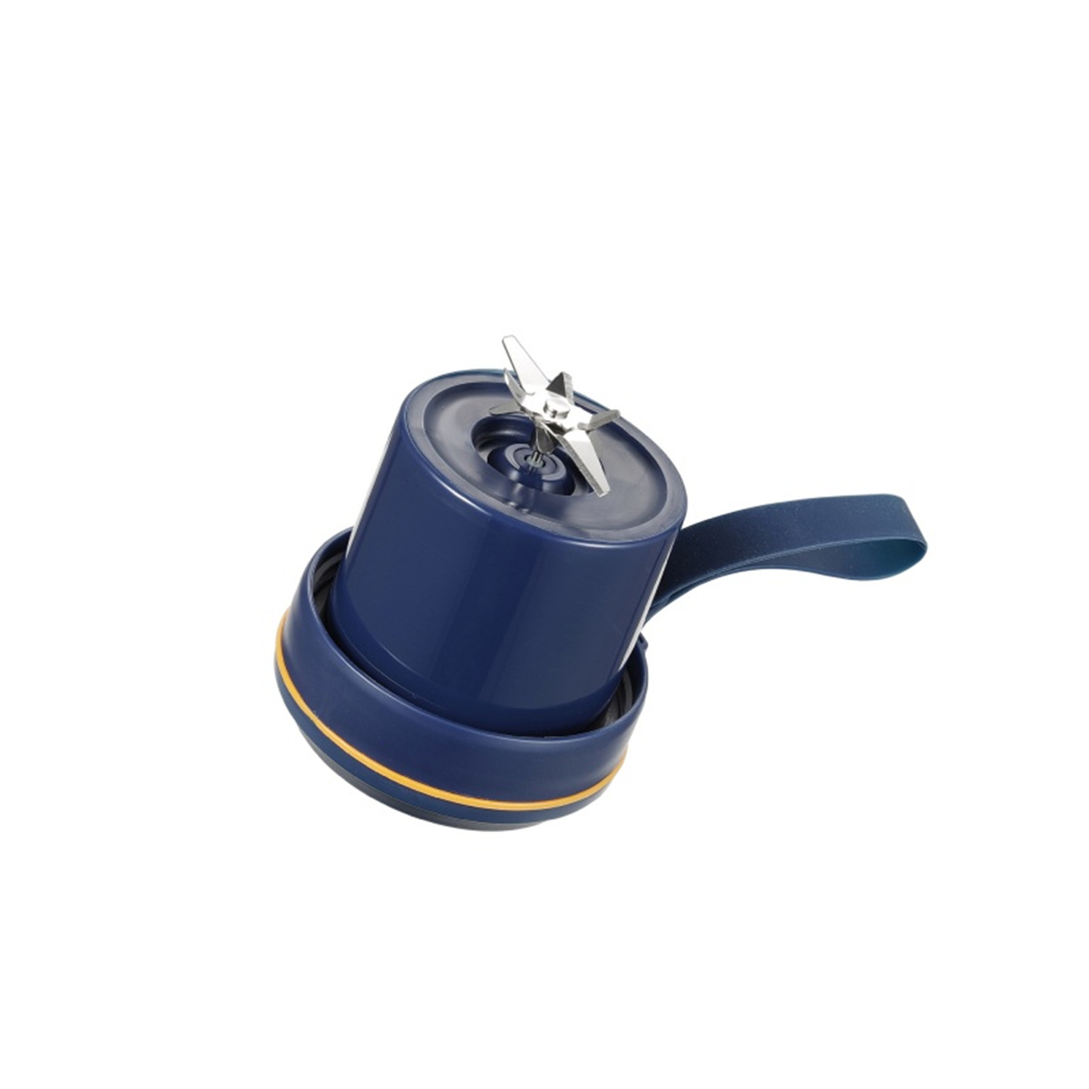 Ein blauer und gelber tragbarer Mixer. Die Oberseite hat eine Klinge, mit einem blauen Griff. Weißer Hintergrund.
