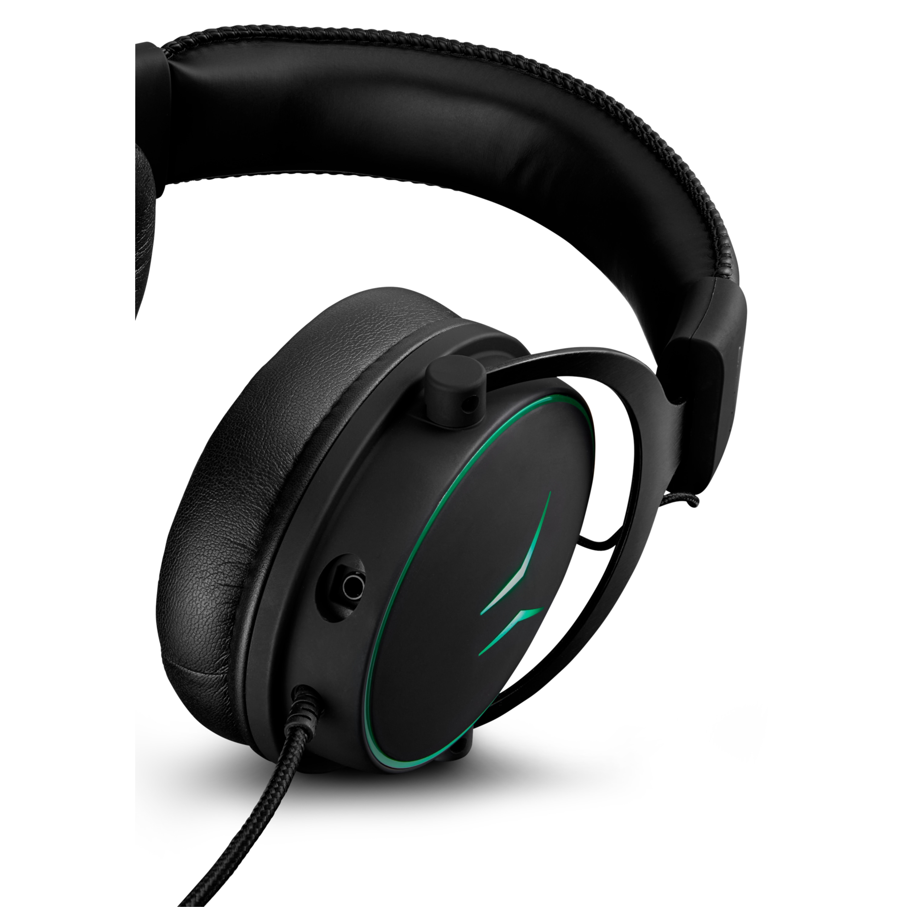 Casque noir avec des accents verts. Câble noir. Fond blanc.
