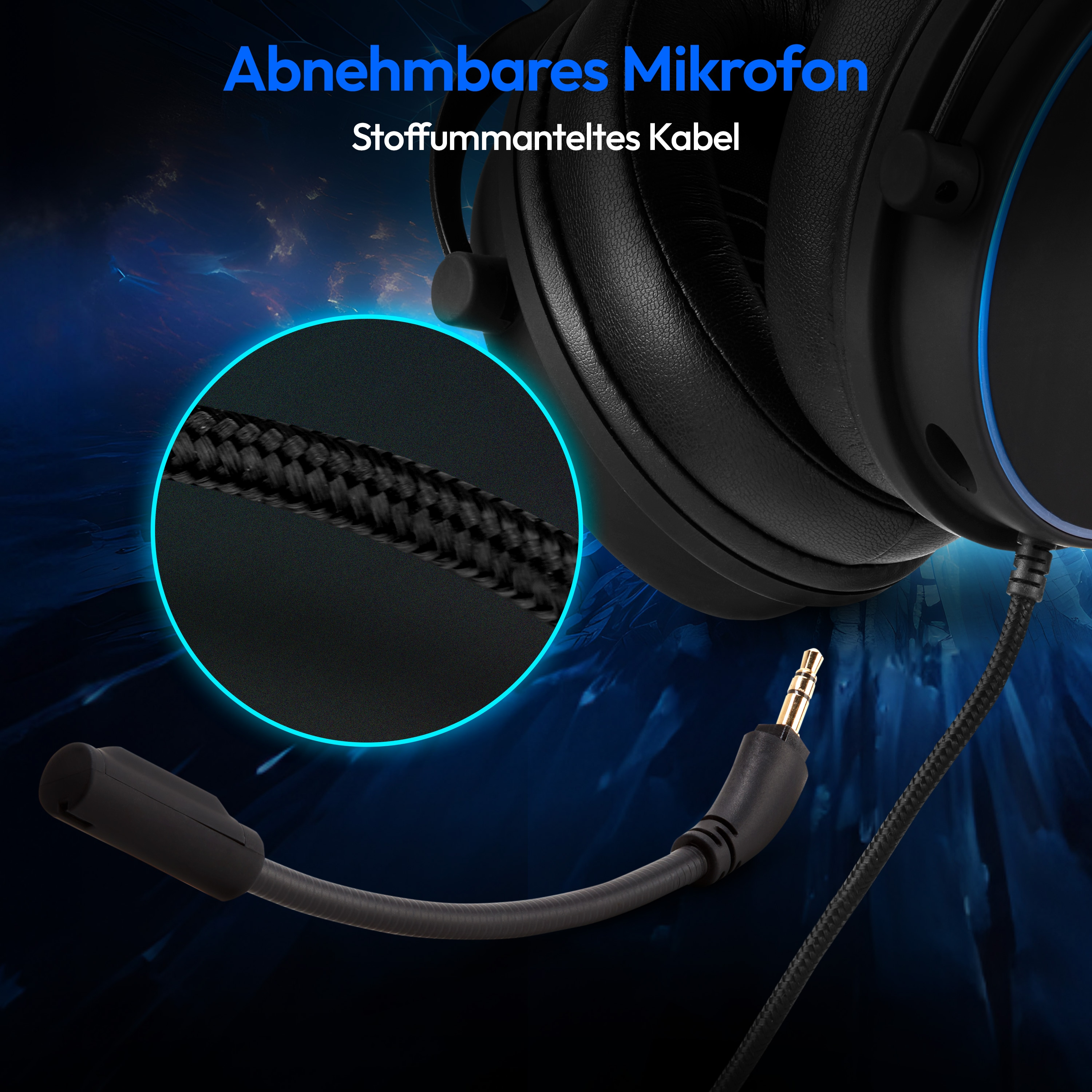 Un casque noir avec un microphone détachable et un gros plan sur son câble tressé et son connecteur.