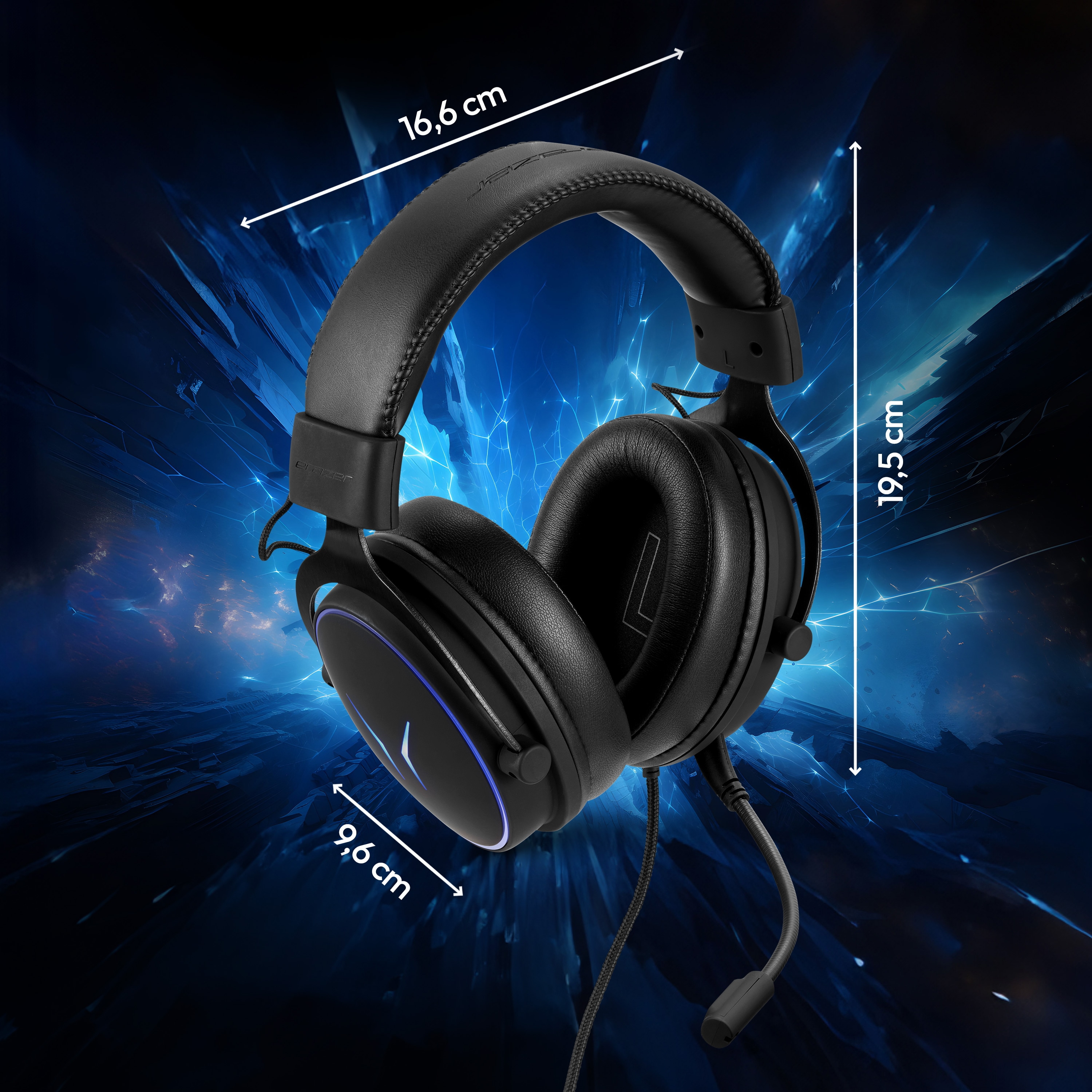 Casque de jeu noir avec dimensions. Accents bleus. L'arrière-plan présente un design abstrait bleu.
