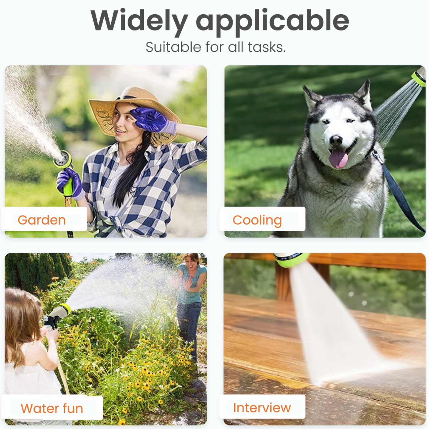 Vier Bilder, die verschiedene Anwendungen eines Wasserschlauchs zeigen, darunter Garten, Kühlung und Wasserspaß.