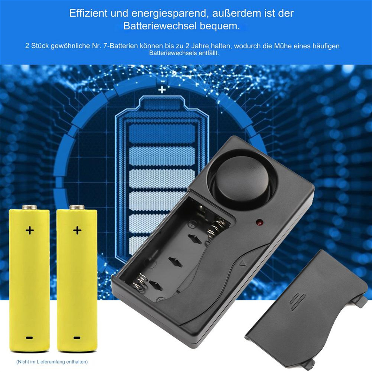 Schwarzes Alarmgerät, gelbe Batterien, mit Text über die Batterielebensdauer.