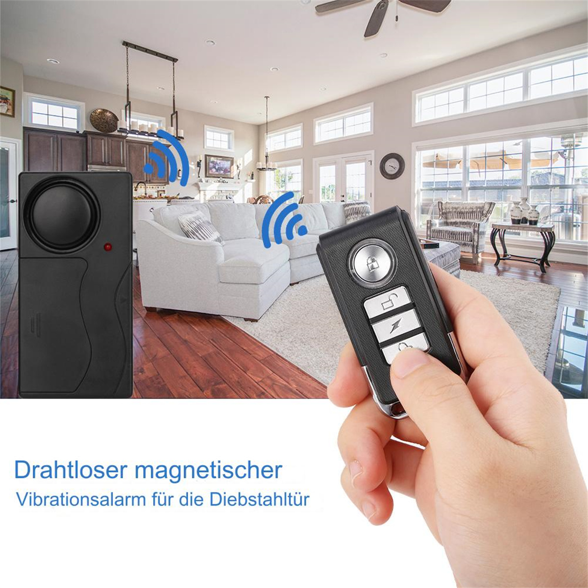 Ein schwarzes Alarmsystem und eine Fernbedienung mit blauen Wellen. Hand hält Fernbedienung.