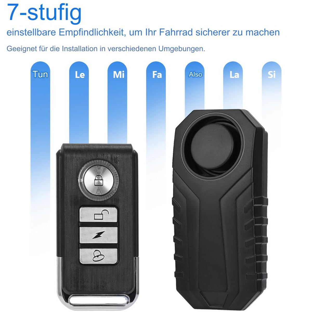 Ein schwarzes Alarmsystem und eine Fernbedienung. Text: 7-stufig, einstellbare Empfindlichkeit.