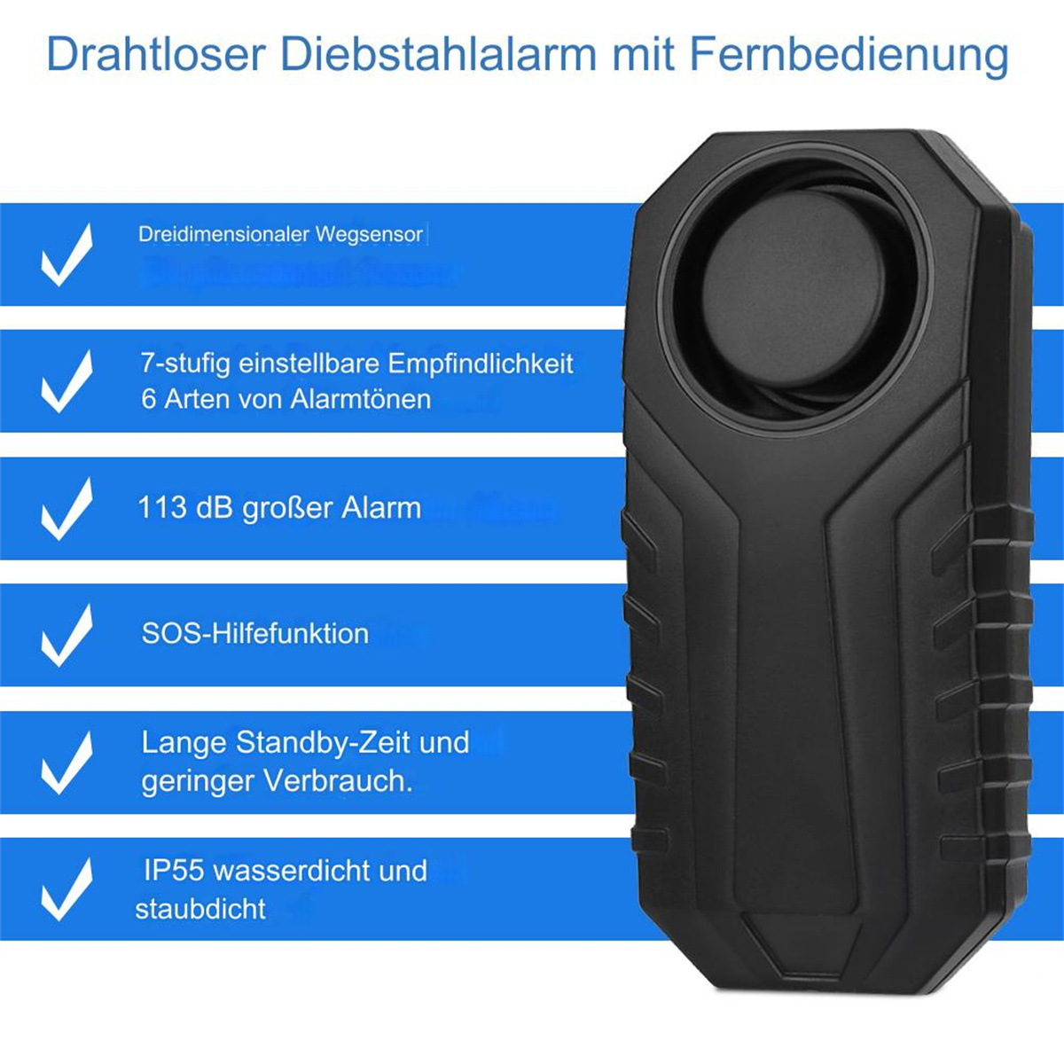 Schwarzes Alarmgerät mit Textbeschreibungen und Häkchen, das Funktionen wie die SOS-Funktion hervorhebt.