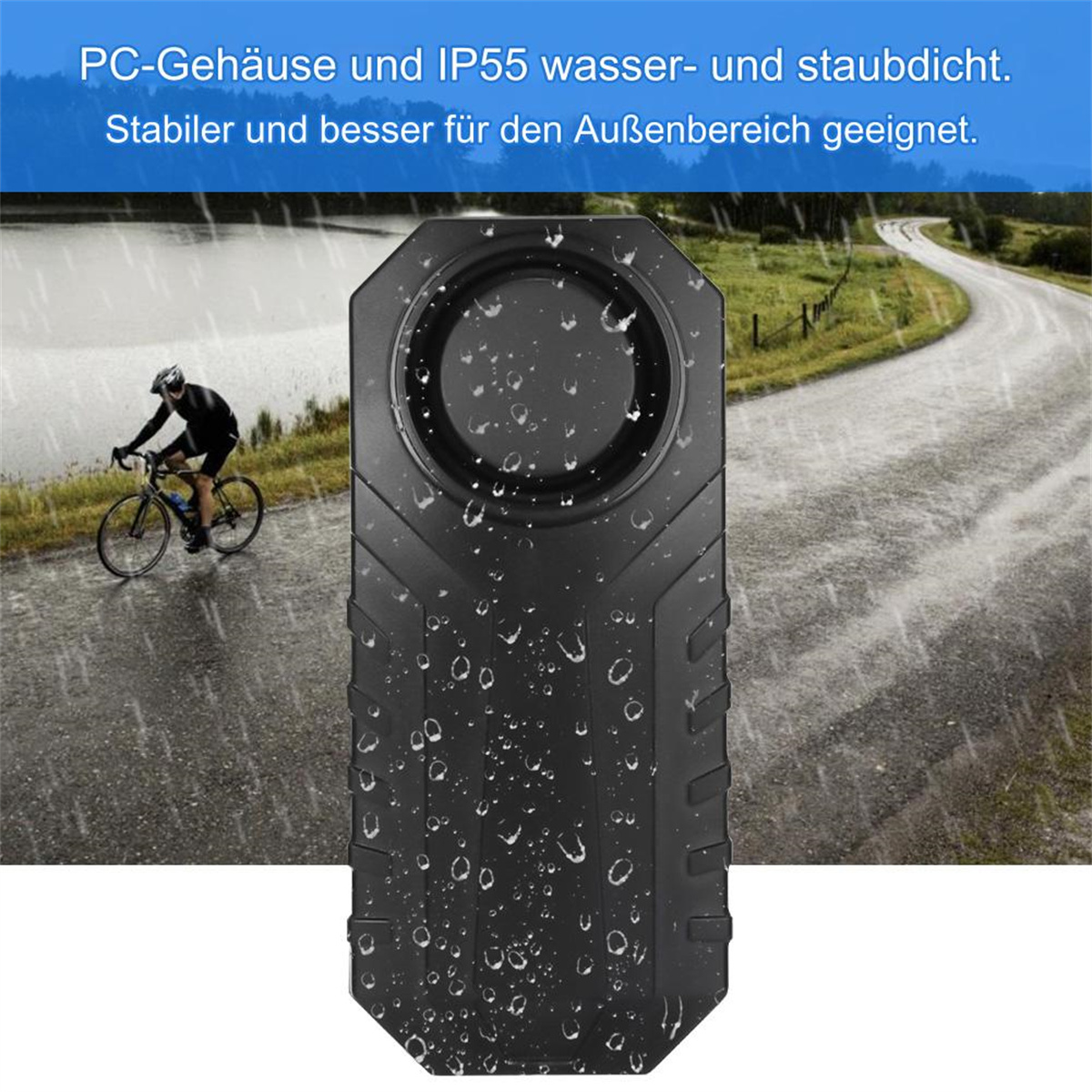 Schwarzes Gerät auf nasser Straße mit Radfahrer im Hintergrund. Text über das Gerät oben.