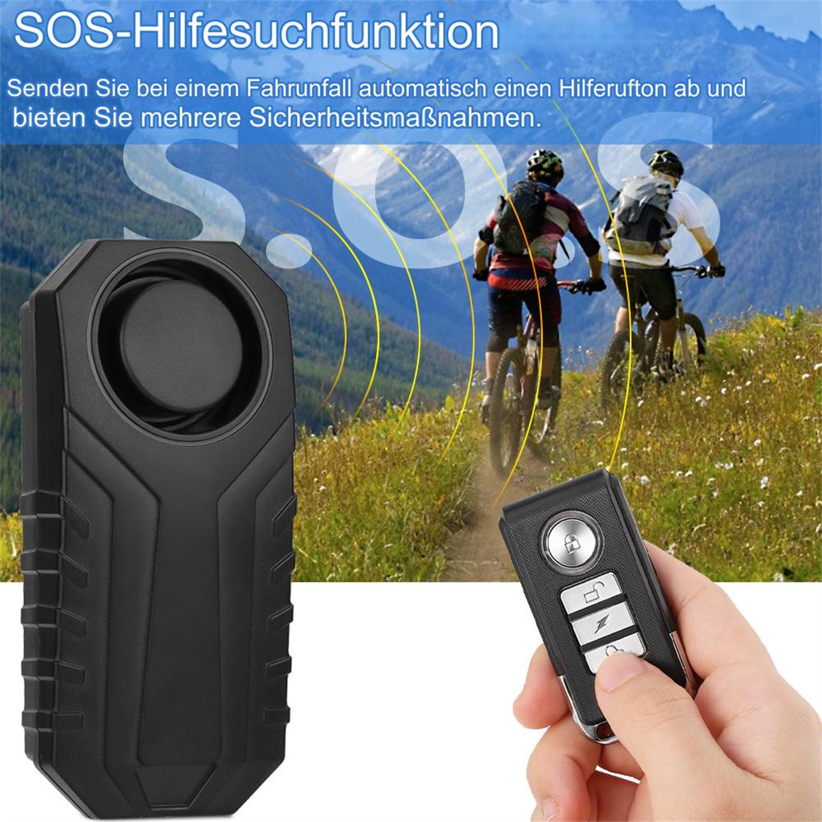Ein schwarzes Gerät mit Fernbedienung, mit zwei Radfahrern im Hintergrund. Text: SOS-Hilfesuchfunktion.