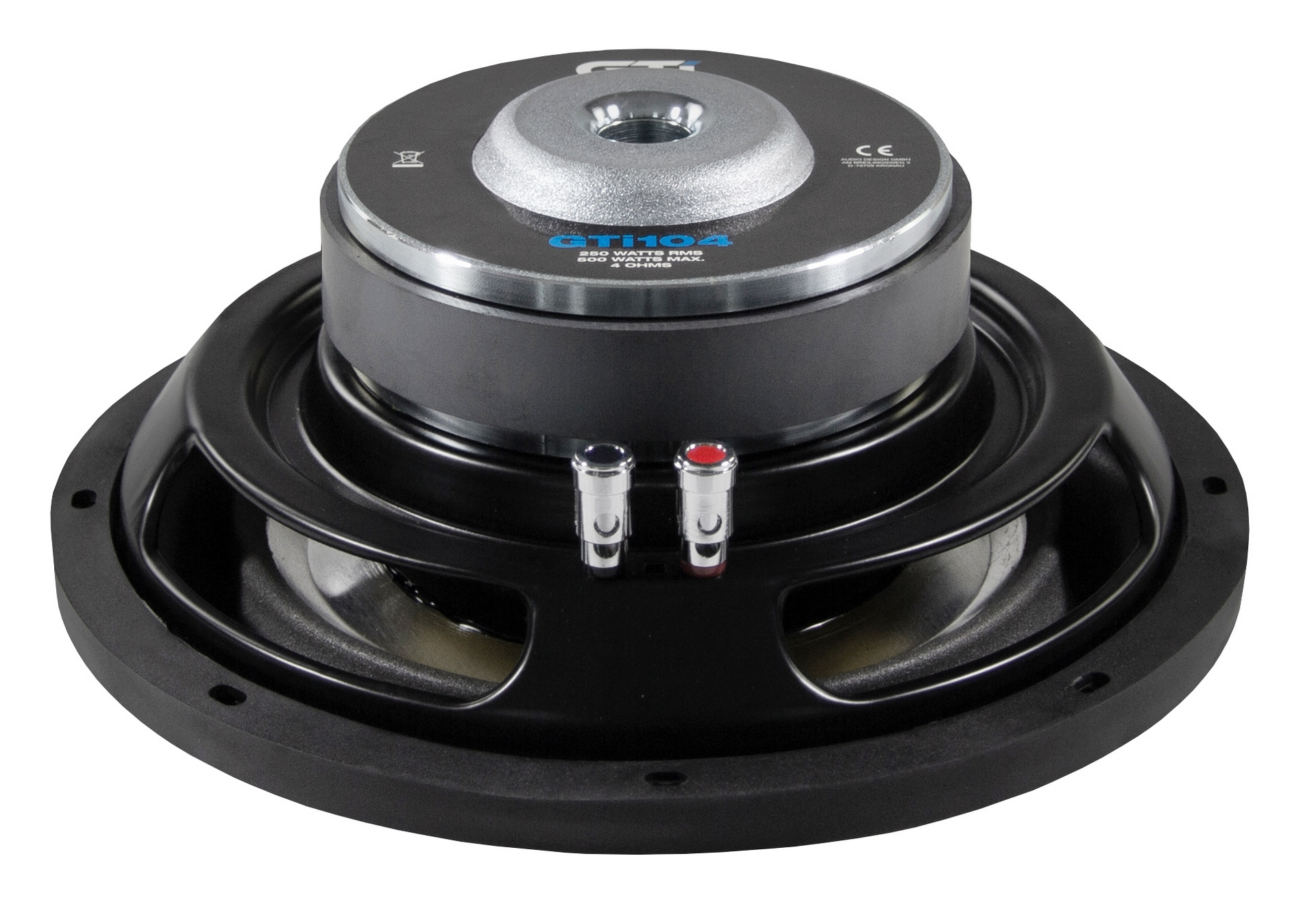 Schwarzer Auto-Subwoofer mit roten und schwarzen Anschlüssen und einem metallischen Mittelteil.