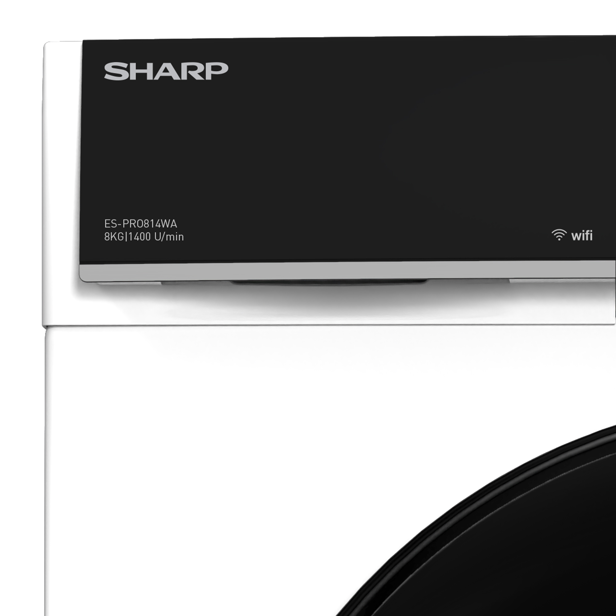 Nahaufnahme eines schwarz-weißen Bedienfelds einer Waschmaschine mit dem Markennamen SHARP.