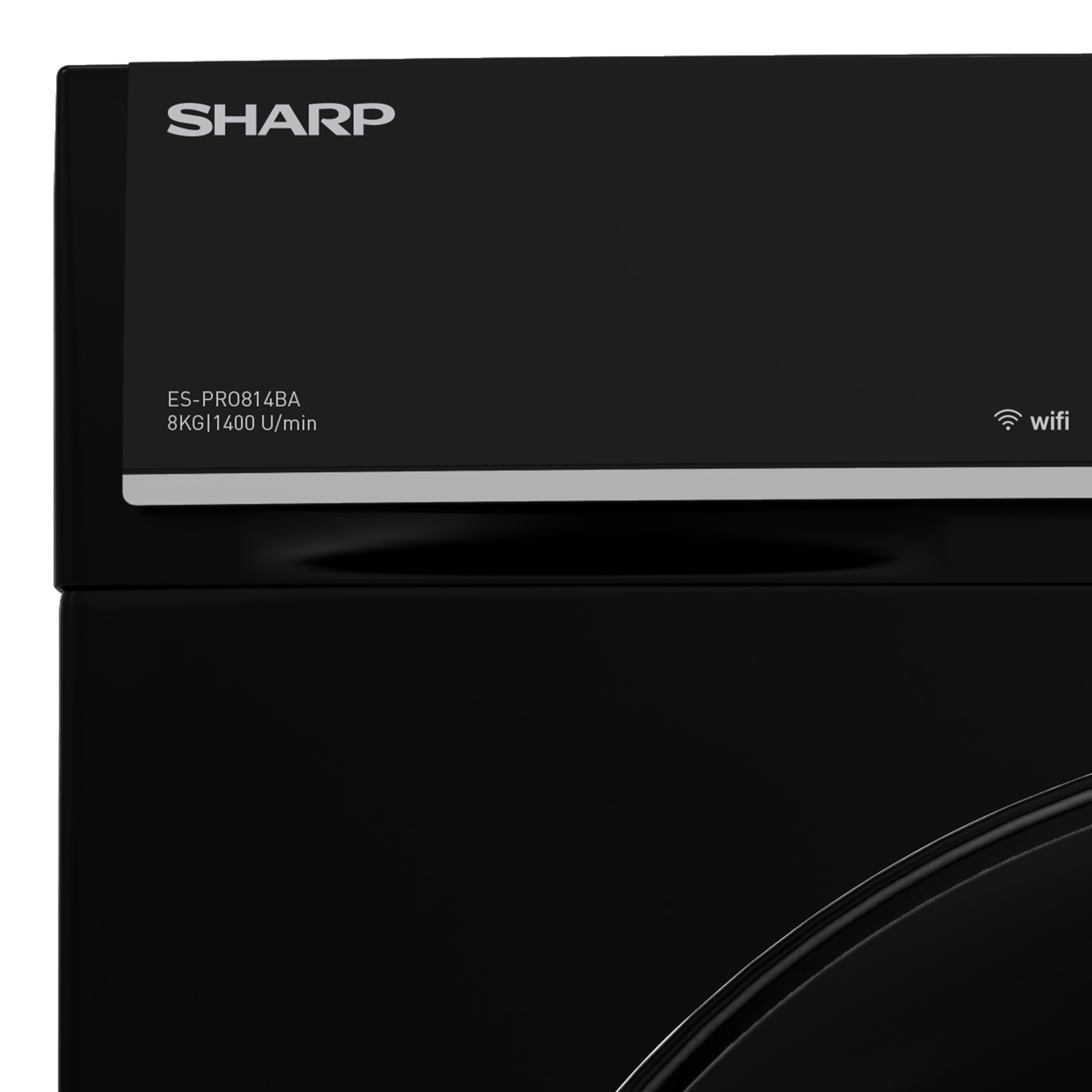 Nahaufnahme einer schwarzen Sharp Waschmaschine. Modellinfo: ES-PR0814BA. Weißer Hintergrund.