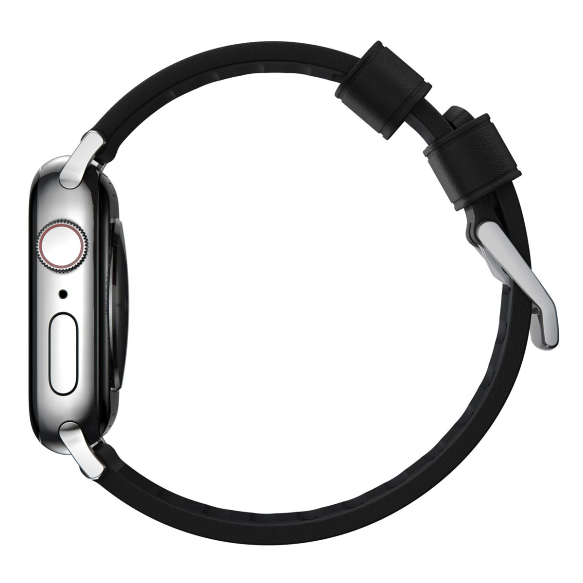 Seitenansicht einer silbernen Smartwatch mit schwarzem Armband und Schnalle, vor weißem Hintergrund.
