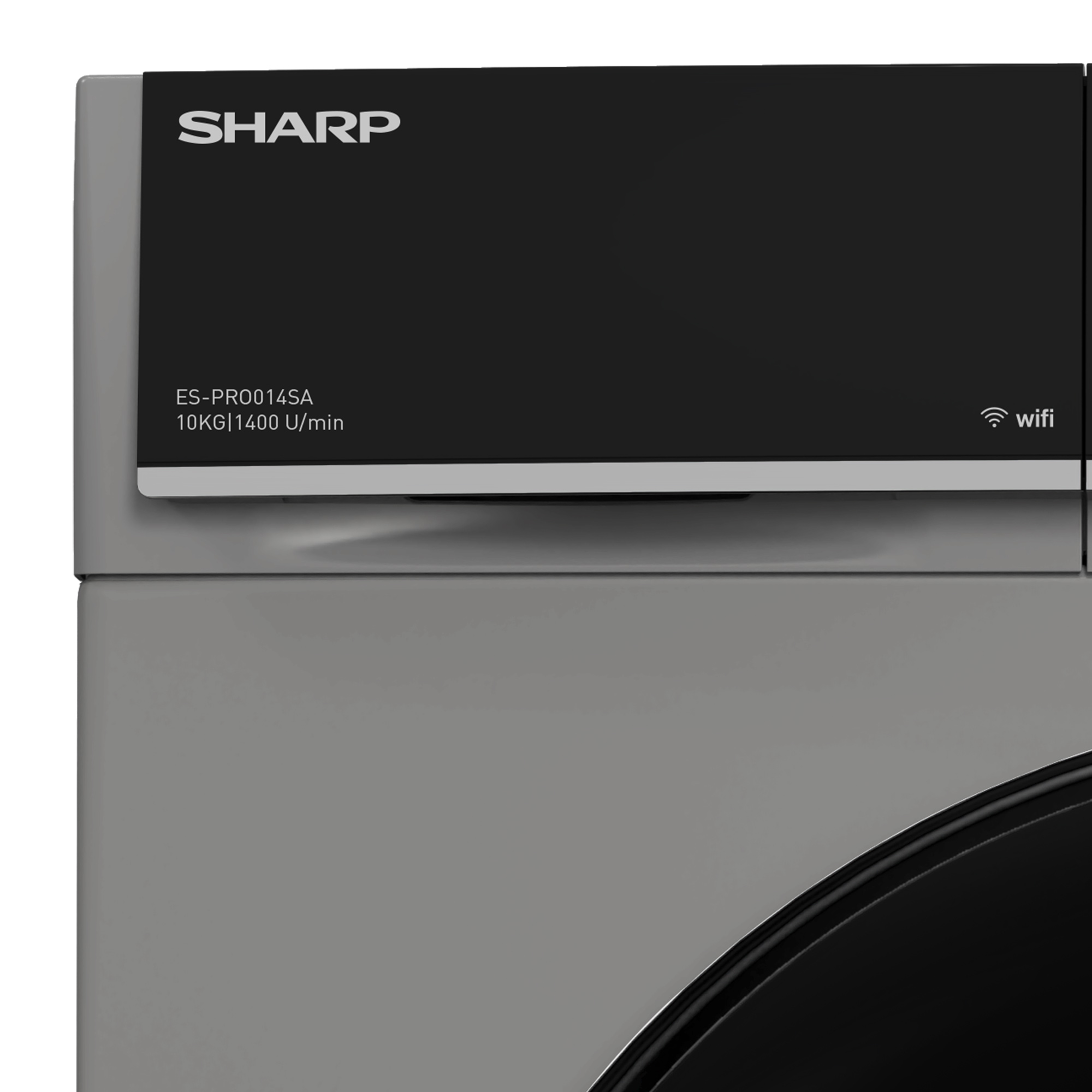 Eine Waschmaschinenblende, grau und schwarz. Es hat die Marke "SHARP" darauf.