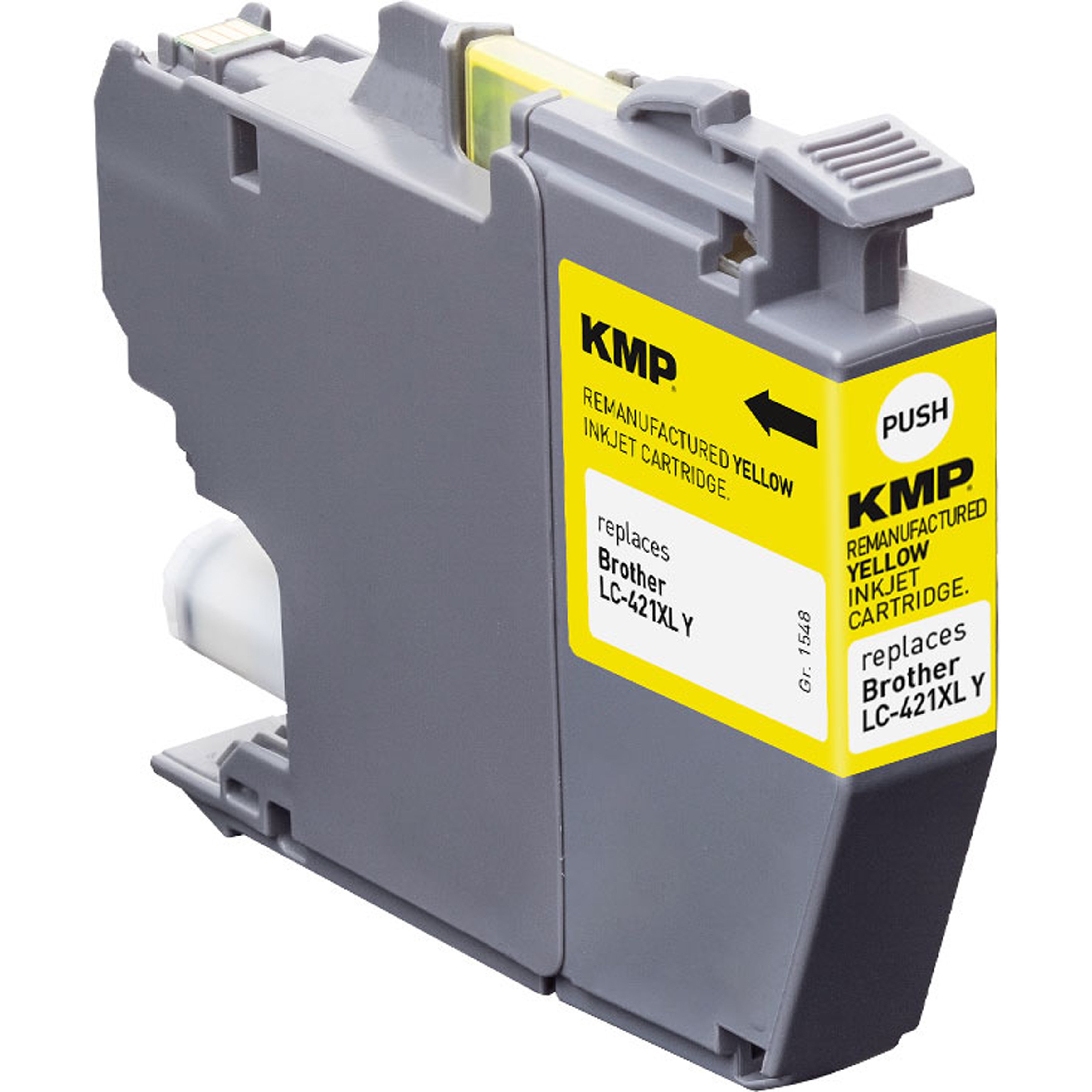 Una cartuccia d'inchiostro gialla e grigia con il marchio KMP. C'è scritto 'REMANUFACTURED YELLOW INKJET CARTRIDGE'.