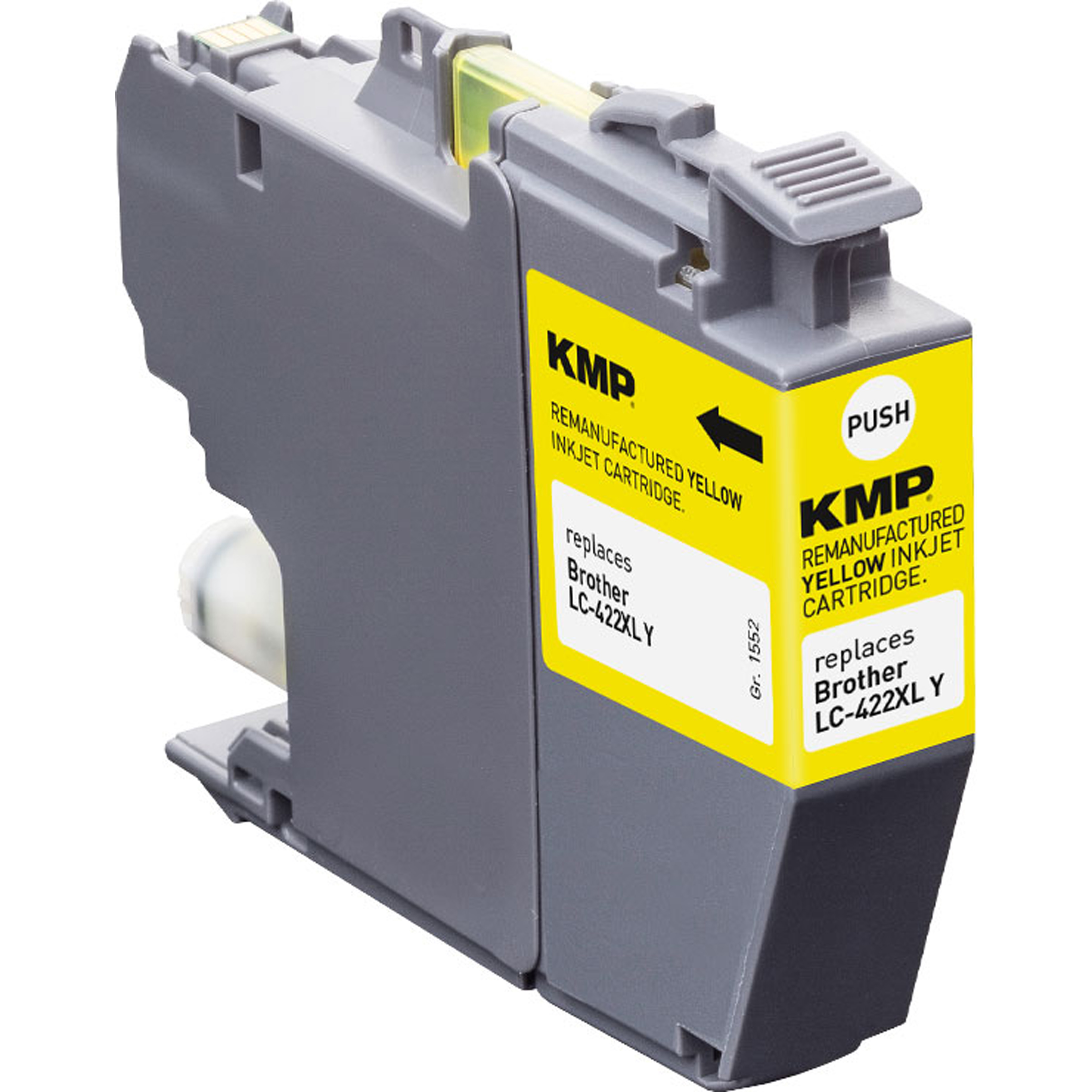 Cartuccia d'inchiostro gialla e grigia con etichetta 'KMP Remanufactured Yellow Inkjet'.