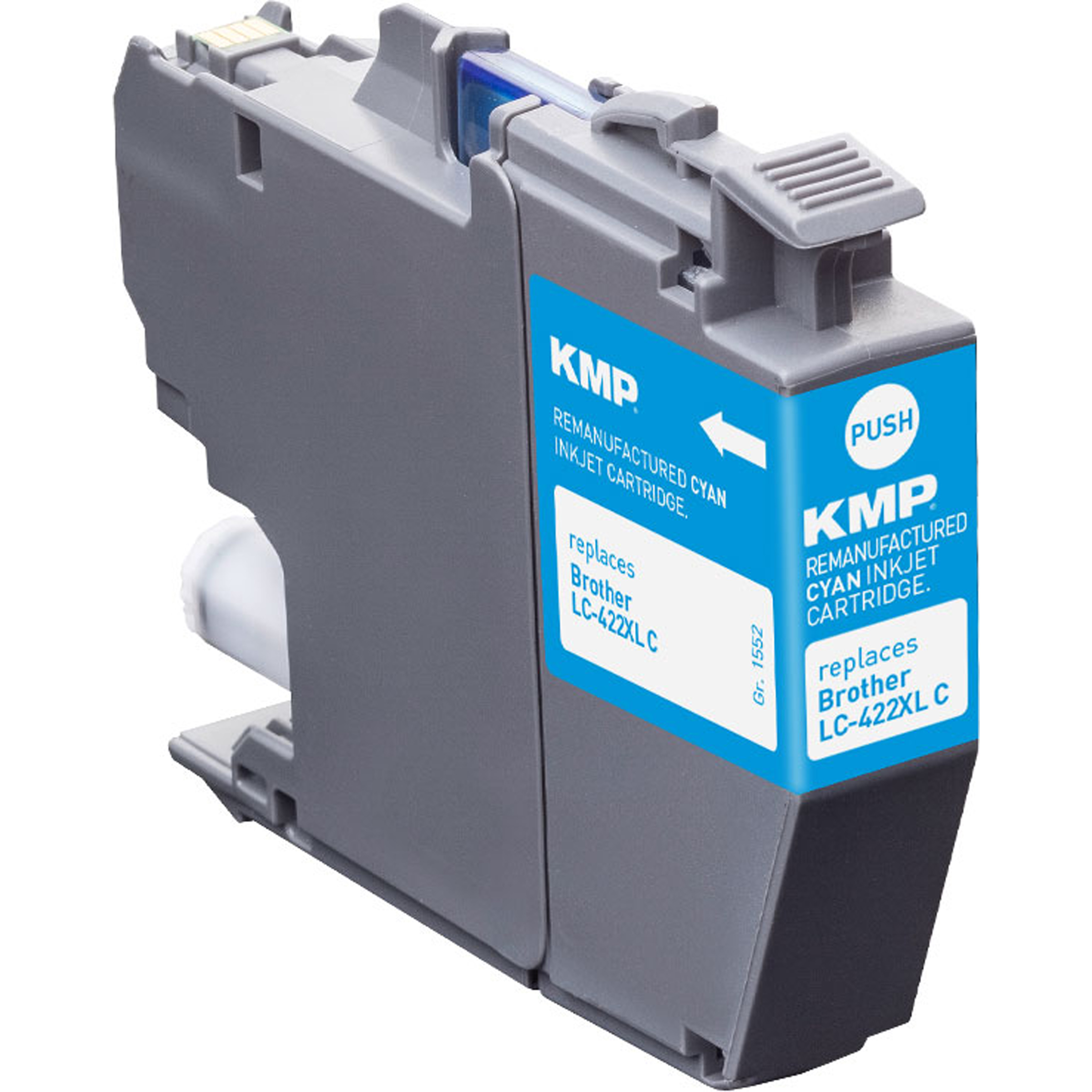 Una cartuccia d'inchiostro ciano etichettata "KMP", per stampanti a getto d'inchiostro, con un design grigio e blu.