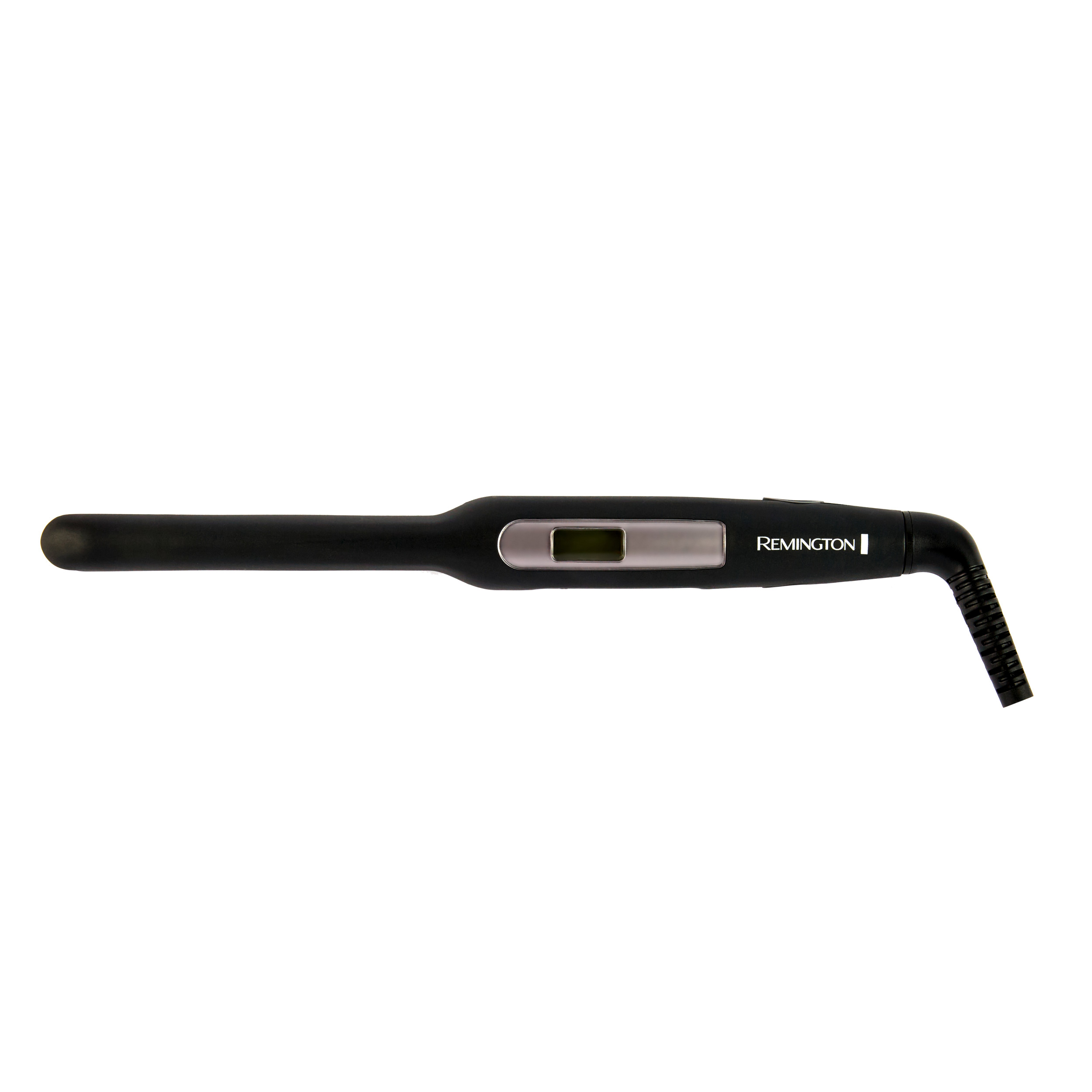 Czarna lokówka Remington z cyfrowym wyświetlaczem i zakrzywioną końcówką.