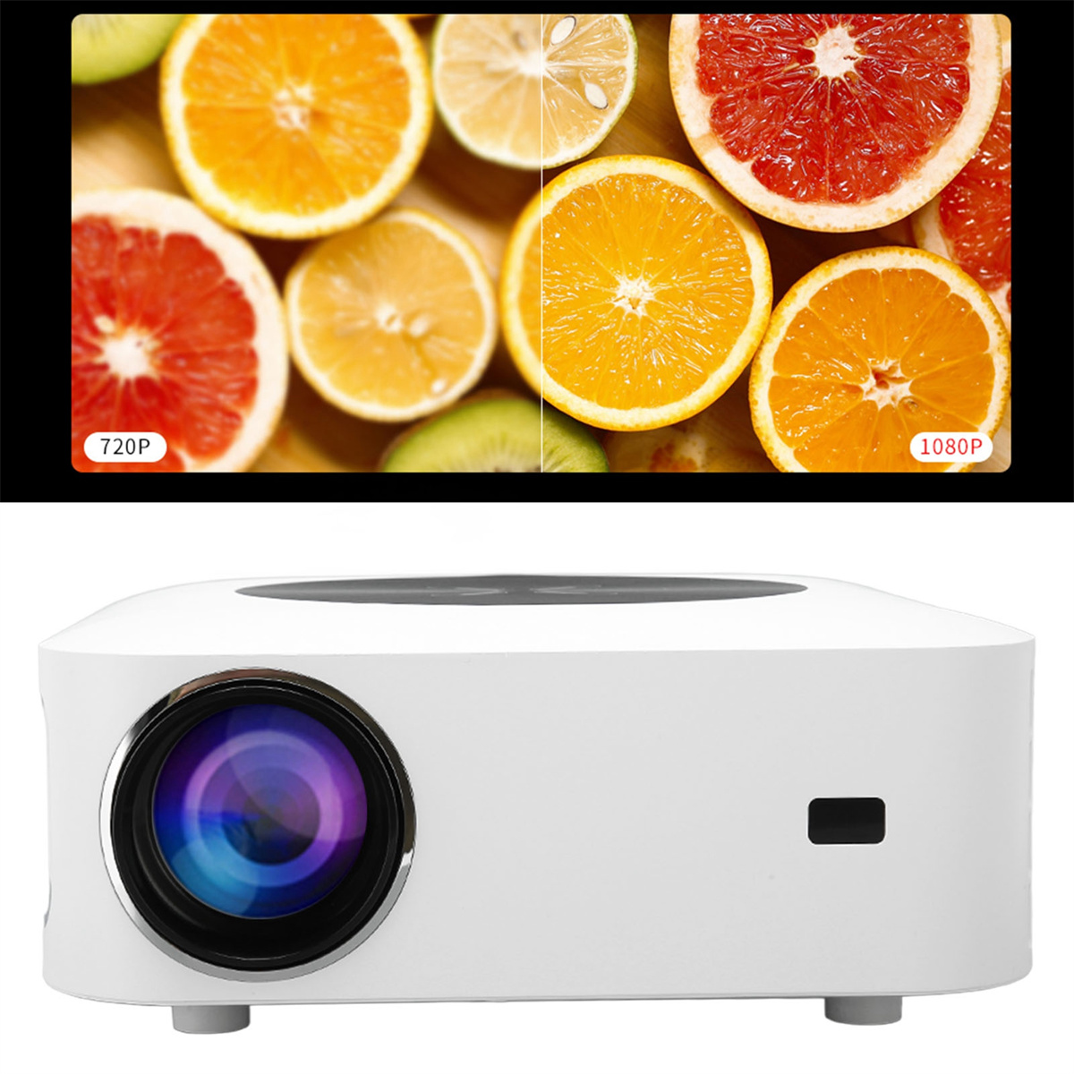 Ein weißer Projektor mit Linse und eine obere Anzeige von Zitrusfrüchten: Orangen, Grapefruit und Zitronen, beschriftet mit 720P und 1080P.