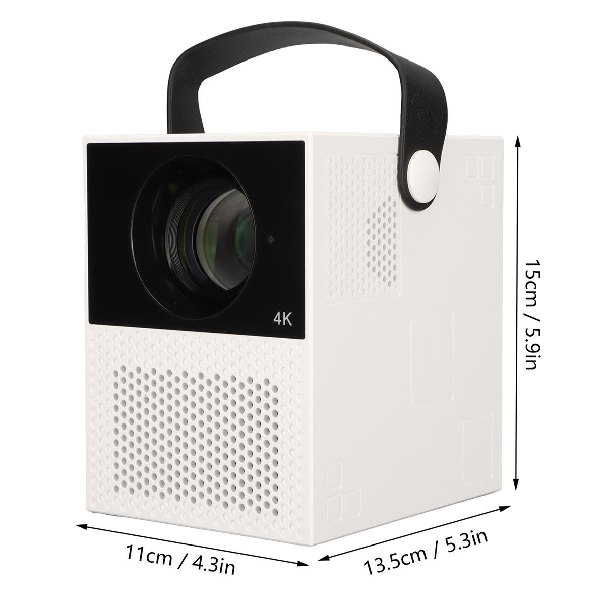 Ein weißer 4K-Projektor mit schwarzem Griff und Objektiv. Abmessungen: 15 cm/5,9 Zoll, 11 cm/4,3 Zoll und 13,5 cm/5,3 Zoll.