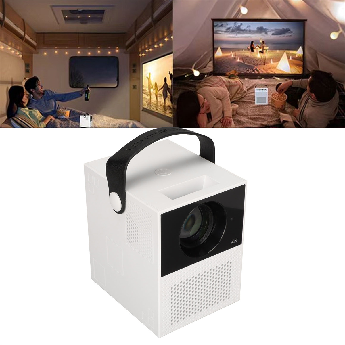 Ein weißer Projektor mit schwarzem Griff. Zwei Paare schauen sich einen Film an, eines in einem Camper und das andere in einem Zelt.