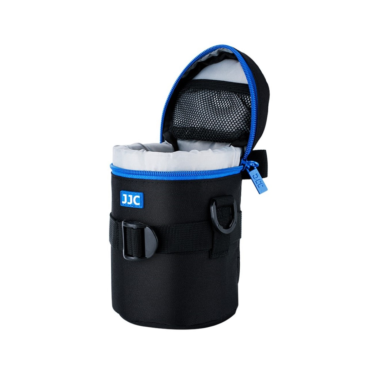 Eine schwarze Kameratasche mit blauem Innenraum und JCC-Logo.