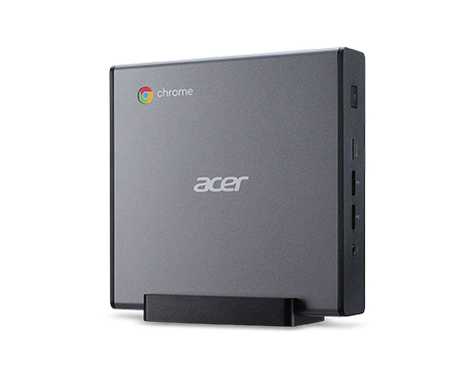 Szary komputer Acer Chrome w pionowej podstawce. Widoczne logo Chrome.