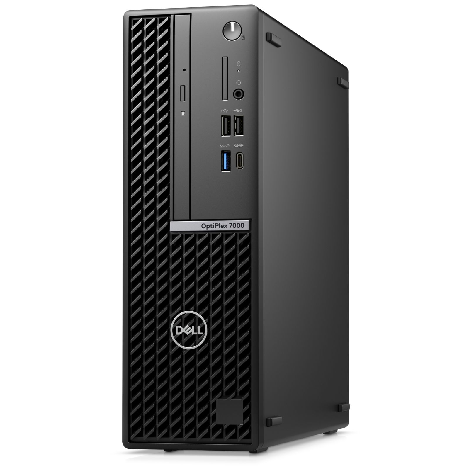 Schwarzer Dell OptiPlex 7000 Desktop-Computer. Die Vorderseite hat einen Grill und Anschlüsse. Dell-Logo sichtbar.