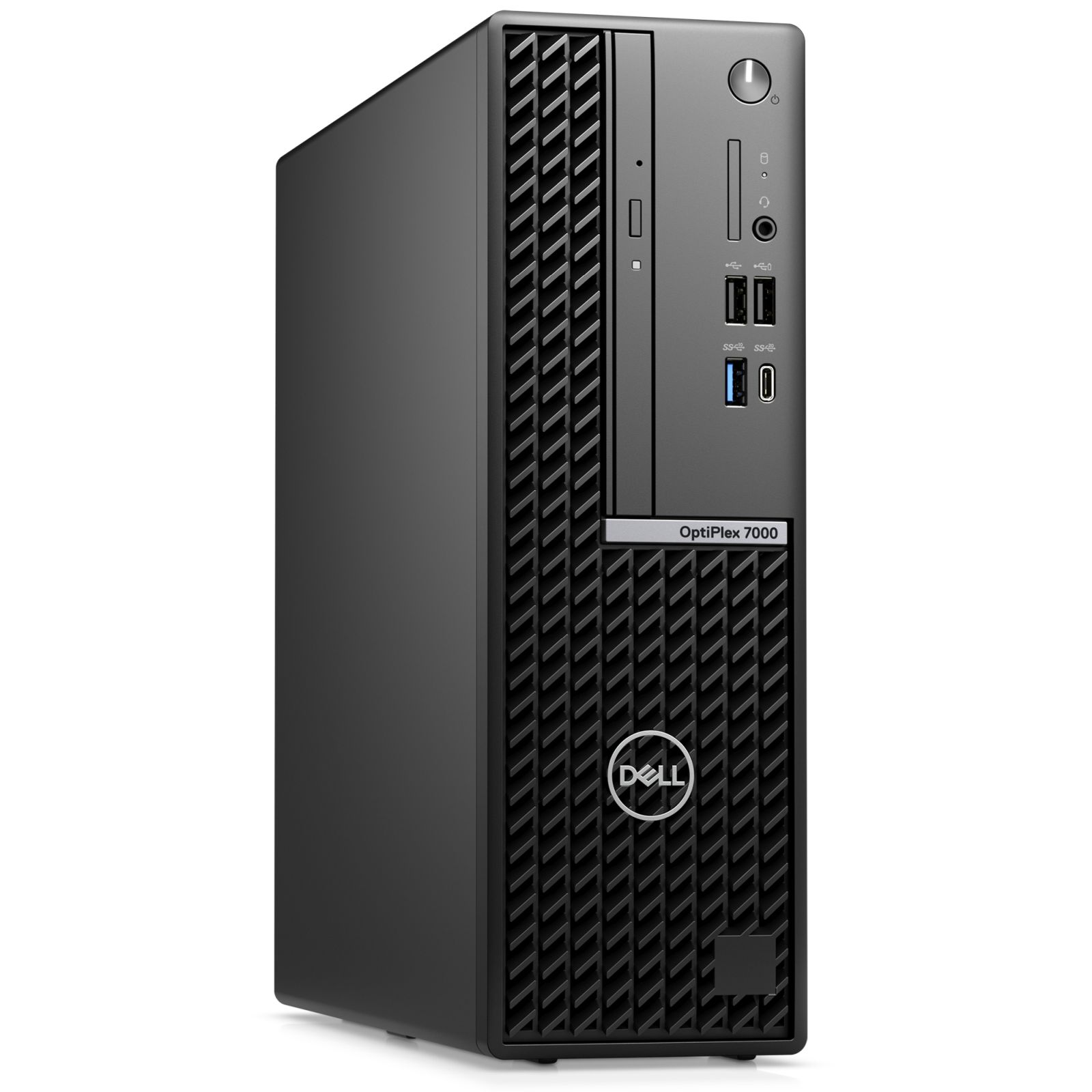Schwarzer Dell OptiPlex 7000 Desktop-Computer. Die Vorderseite hat einen Grill und Anschlüsse. Dell-Logo sichtbar.