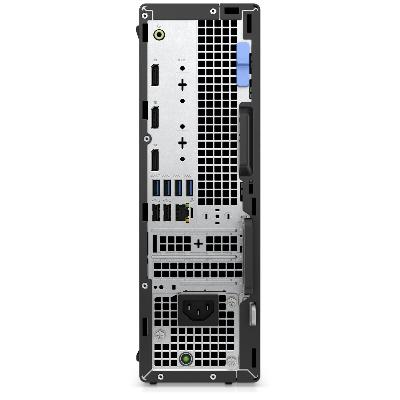 Rückseite eines schwarzen Dell OptiPlex 7000 Desktops. Es zeigt Anschlüsse, Lüfter und einen Stromanschluss.