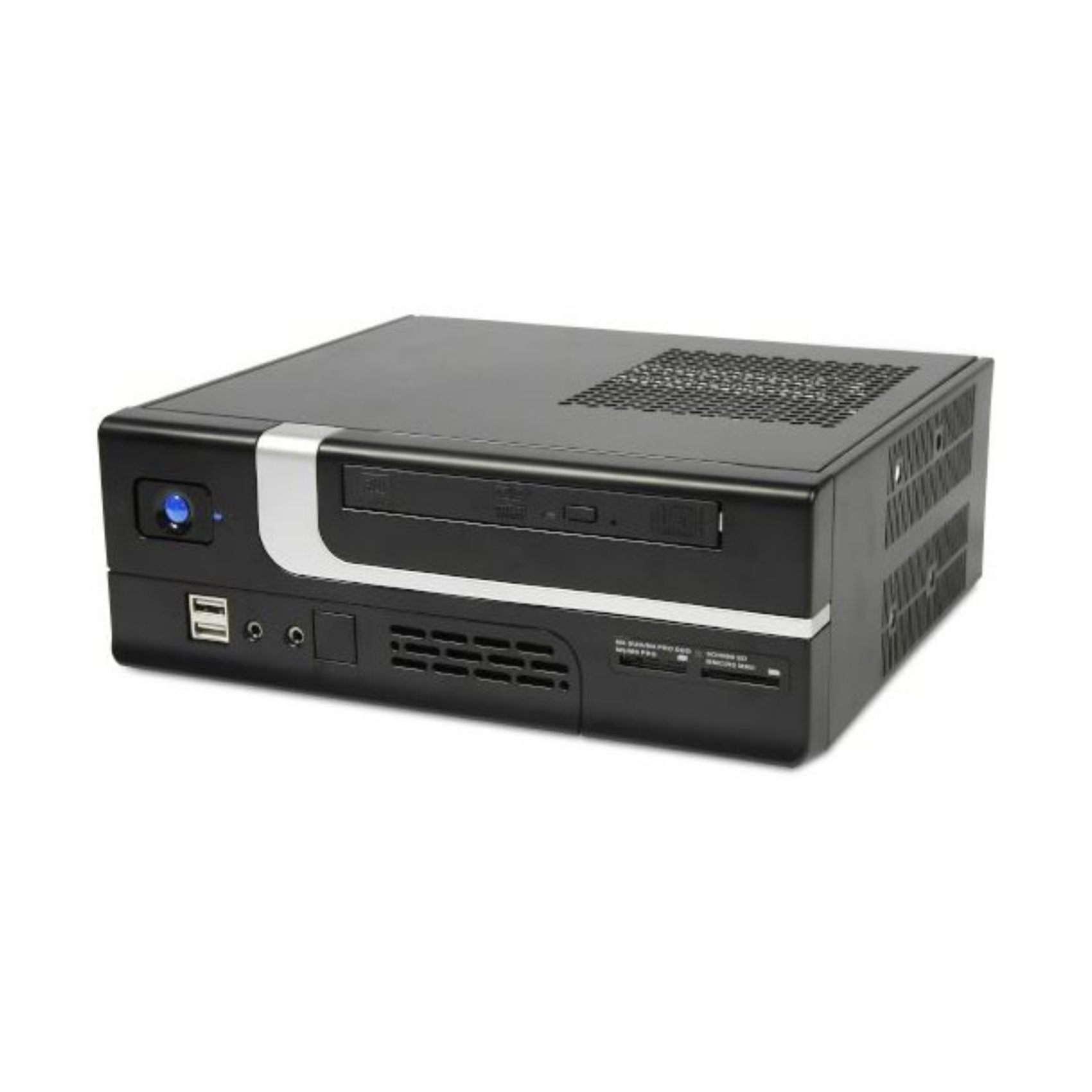 Czarna obudowa komputera z przednimi portami USB, napędem dysków i niebieskim przyciskiem zasilania.