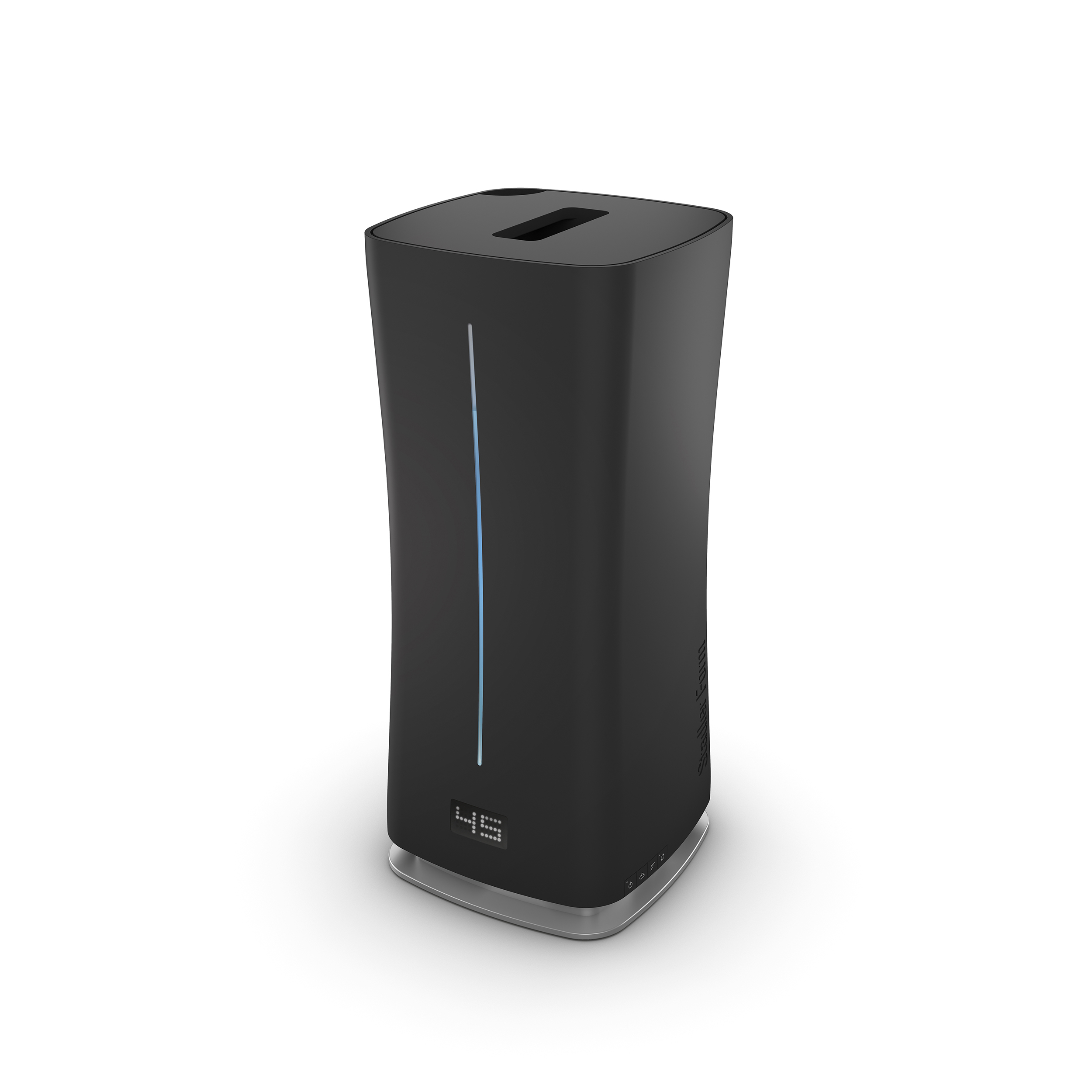 Un umidificatore nero con una striscia di luce blu e un display digitale che mostra '45'. Bianco.