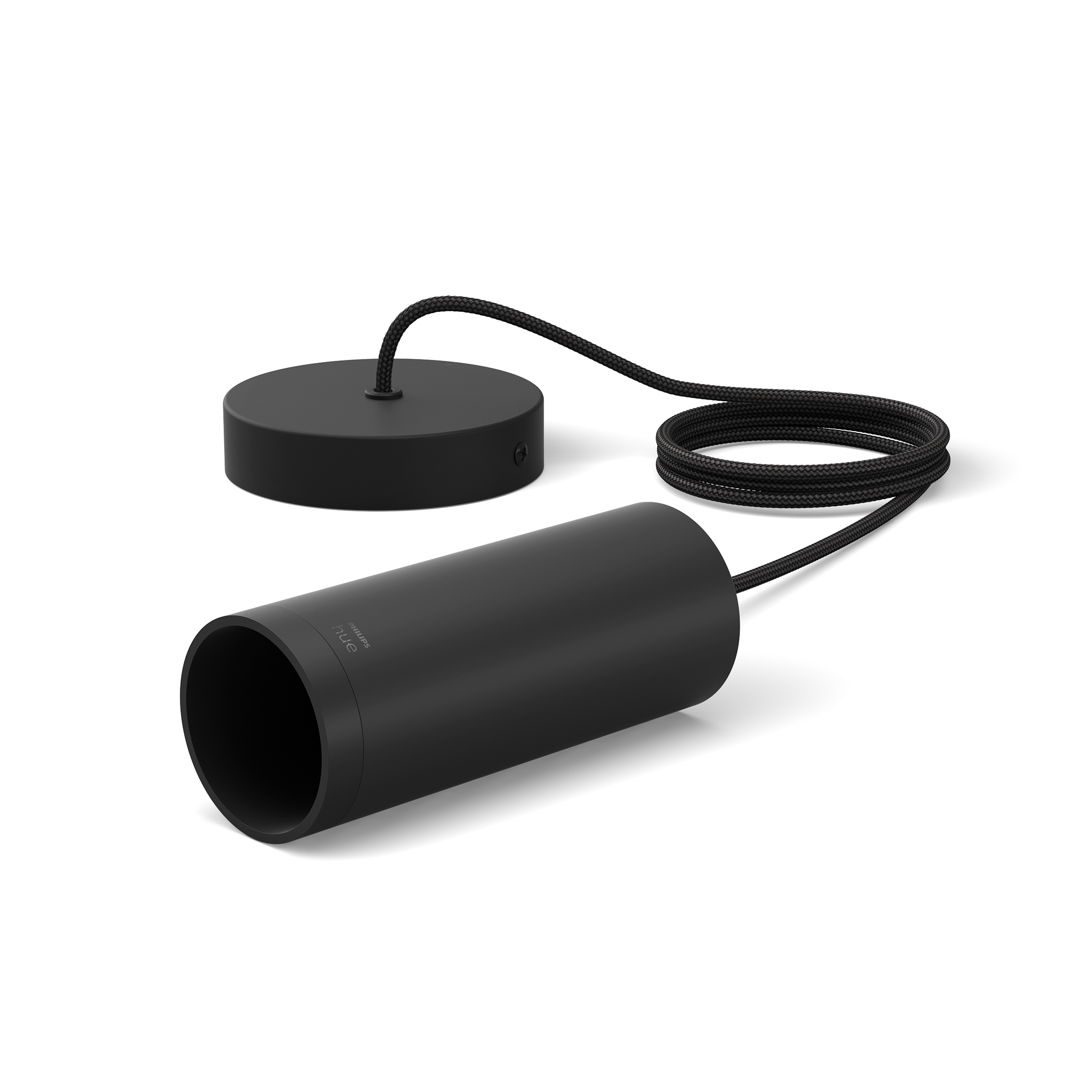 Luminaria cilíndrica negra con cable negro. Encima hay un soporte de techo redondo.