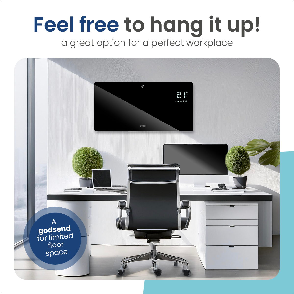 Modernes Büro mit schwarzem Schreibtisch, Pflanzen, schwarzem Stuhl, schwarzem Bildschirm und weißem Schrank.