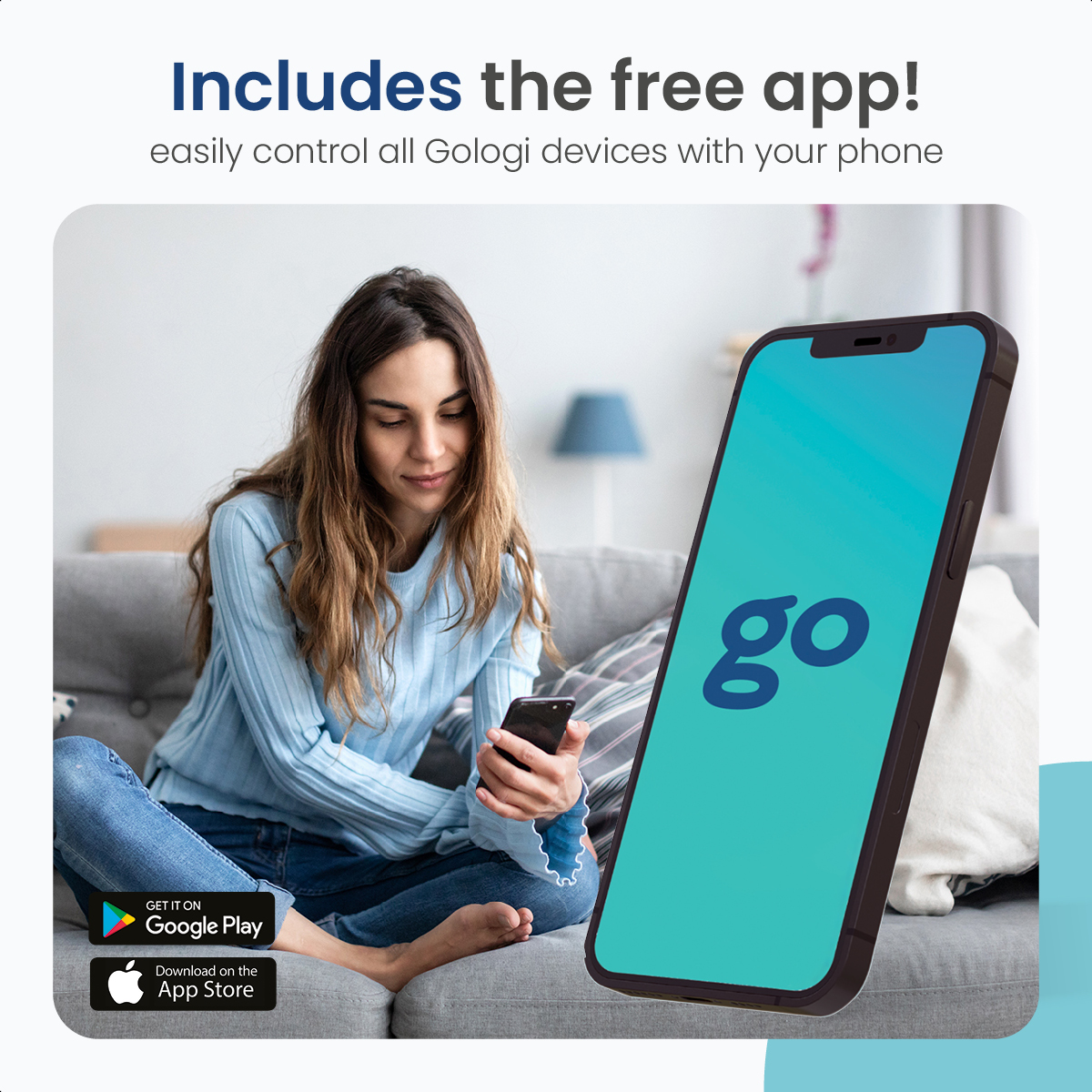 Frau benutzt Handy mit App, neben dem Bildschirm des Handys ist ein Logo.