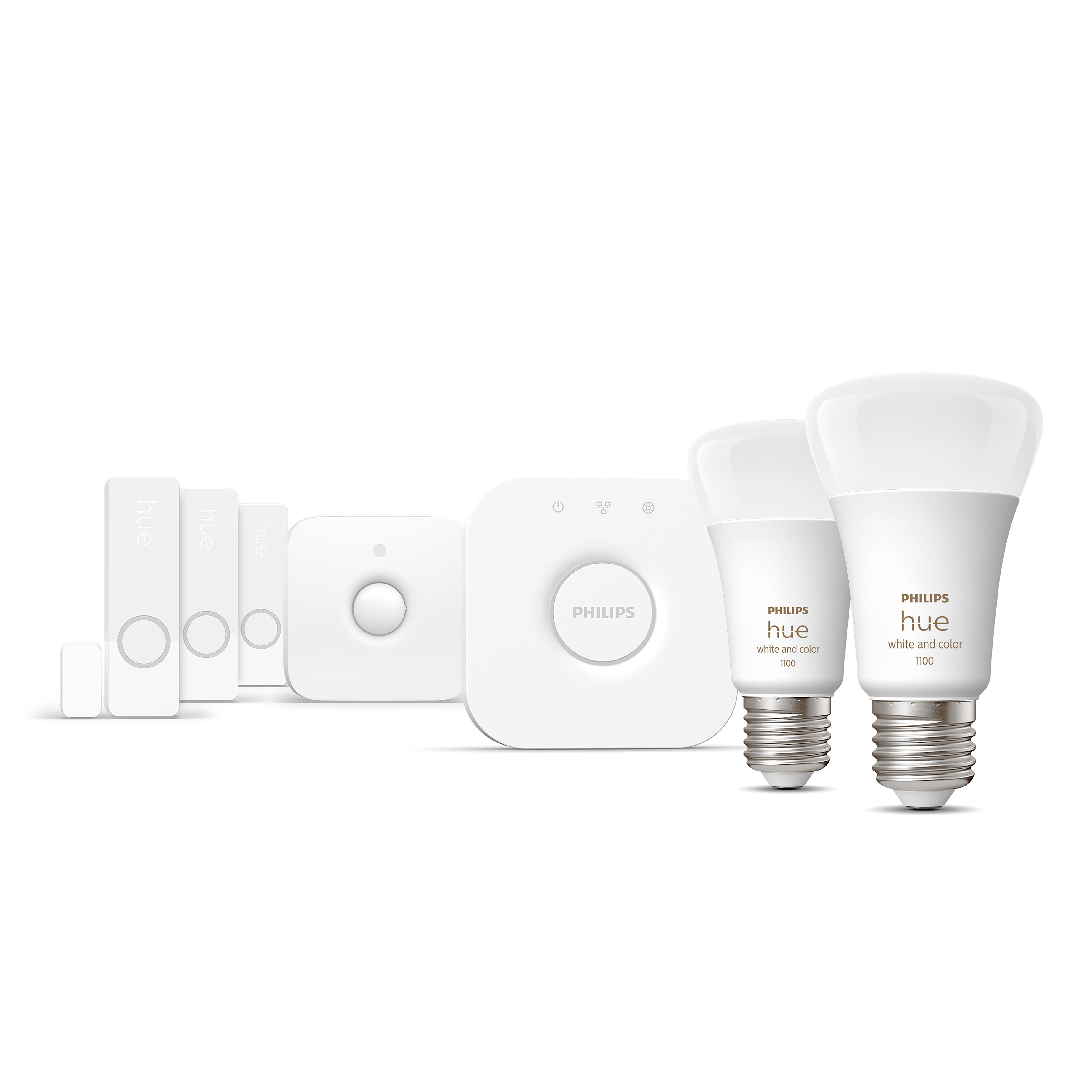 Appareils domestiques intelligents Philips Hue blancs. Deux ampoules, un pont, un variateur et des capteurs sont visibles.