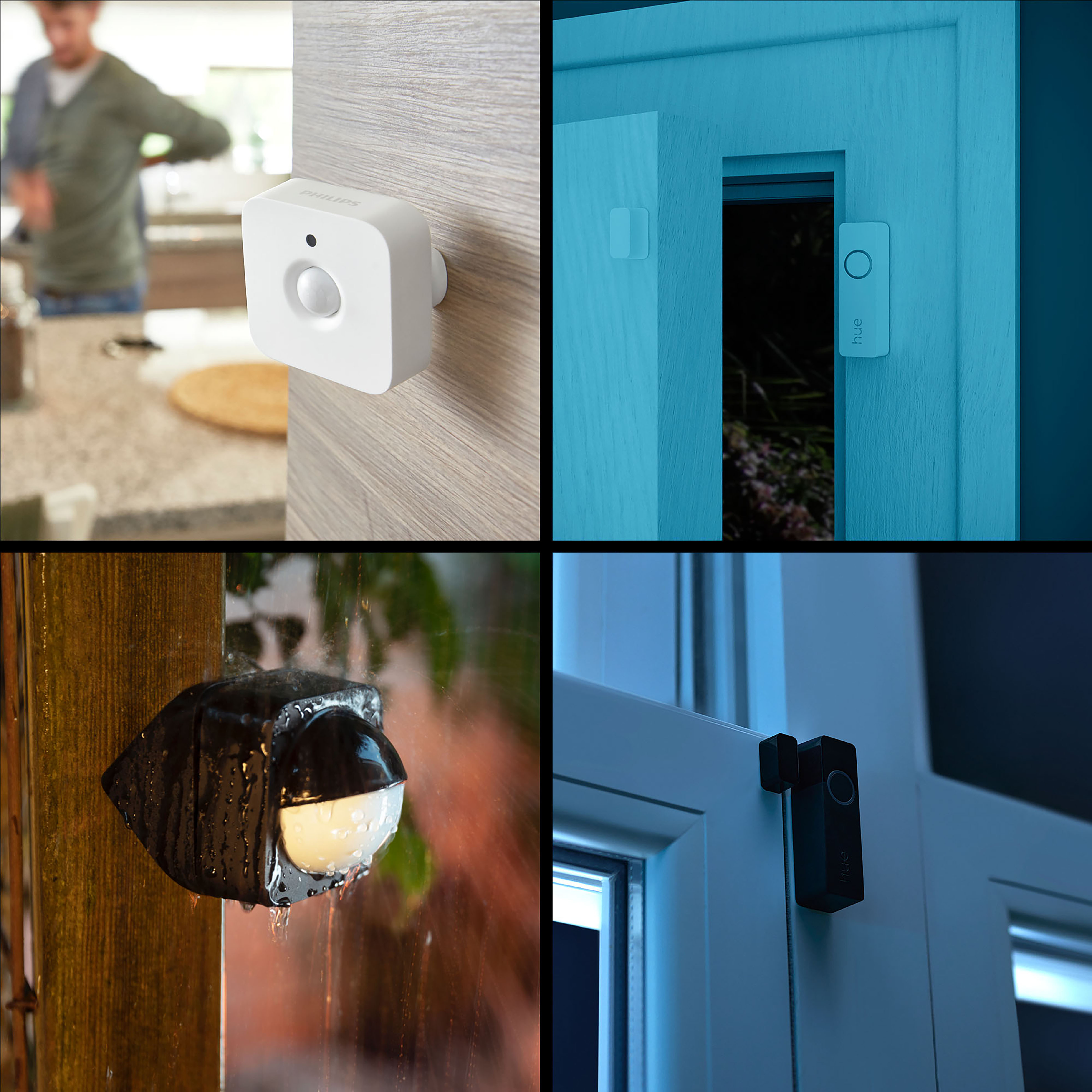 Quatre images de dispositifs de sécurité domestique : capteur sur porte, détecteur de mouvement et capteurs de porte.